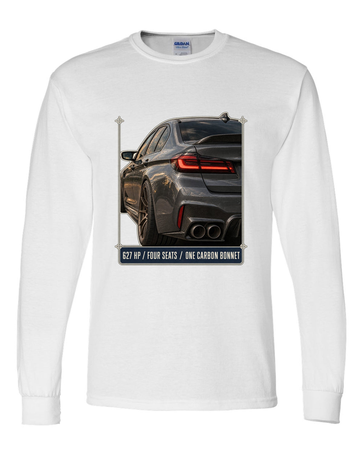 BMW M5 F90 CS taillight macro print with 627 HP, four seats and carbon bonnet text white long sleeve front view with the design