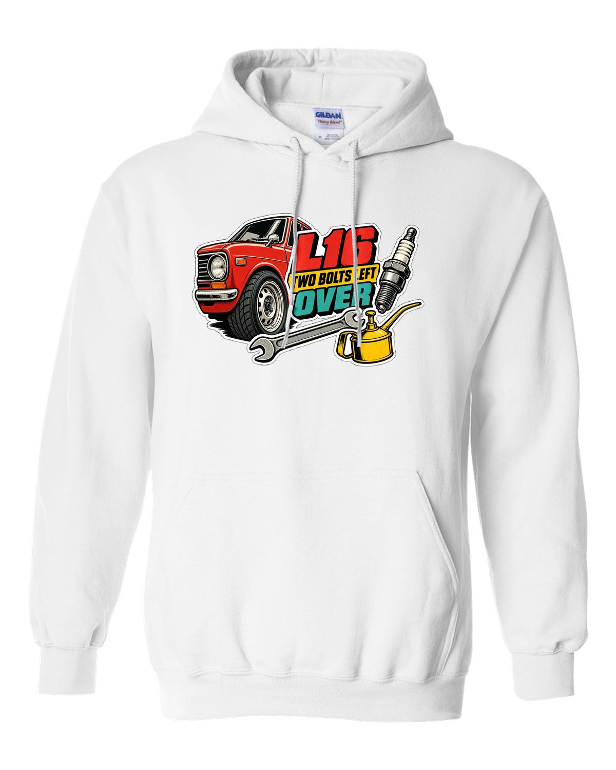 Datsun 510 wheel and fender sticker-bomb collage with L16 text on the front of a shirt white pull over hoodie front view with the design