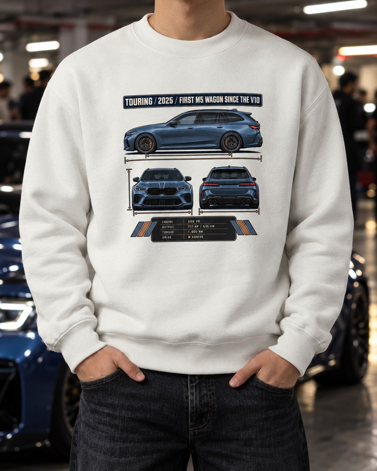 BMW M5 G90 Touring Three-View Tee, First M5 Wagon Since V10 Crewneck White worn hero