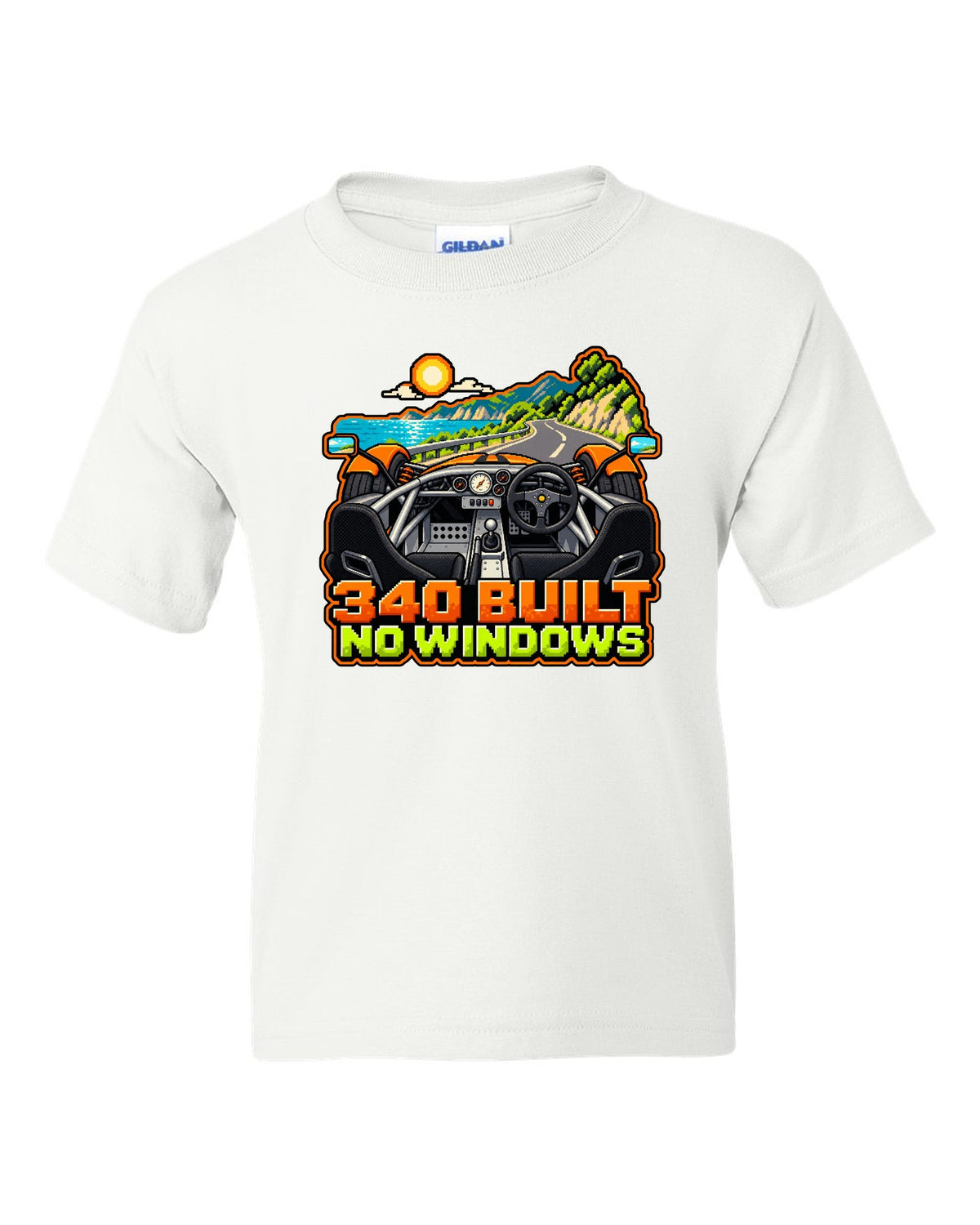 Lotus Elise 340R in 8/16-bit pixel art with 340 BUILT and NO WINDOWS lettering white kids tee front view with the design