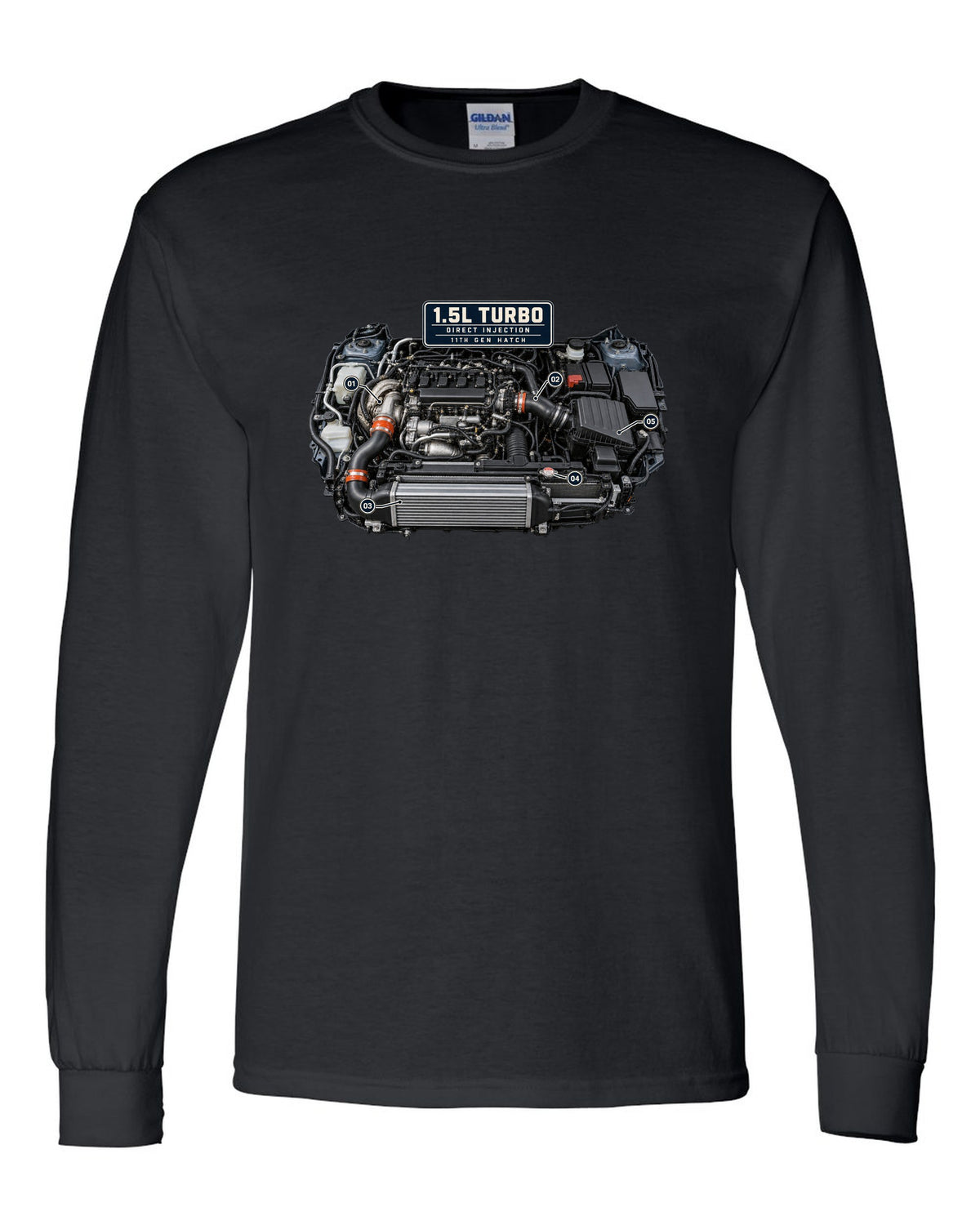 Honda Civic chback FL1 1.5L turbo engine bay print black long sleeve front view with the design