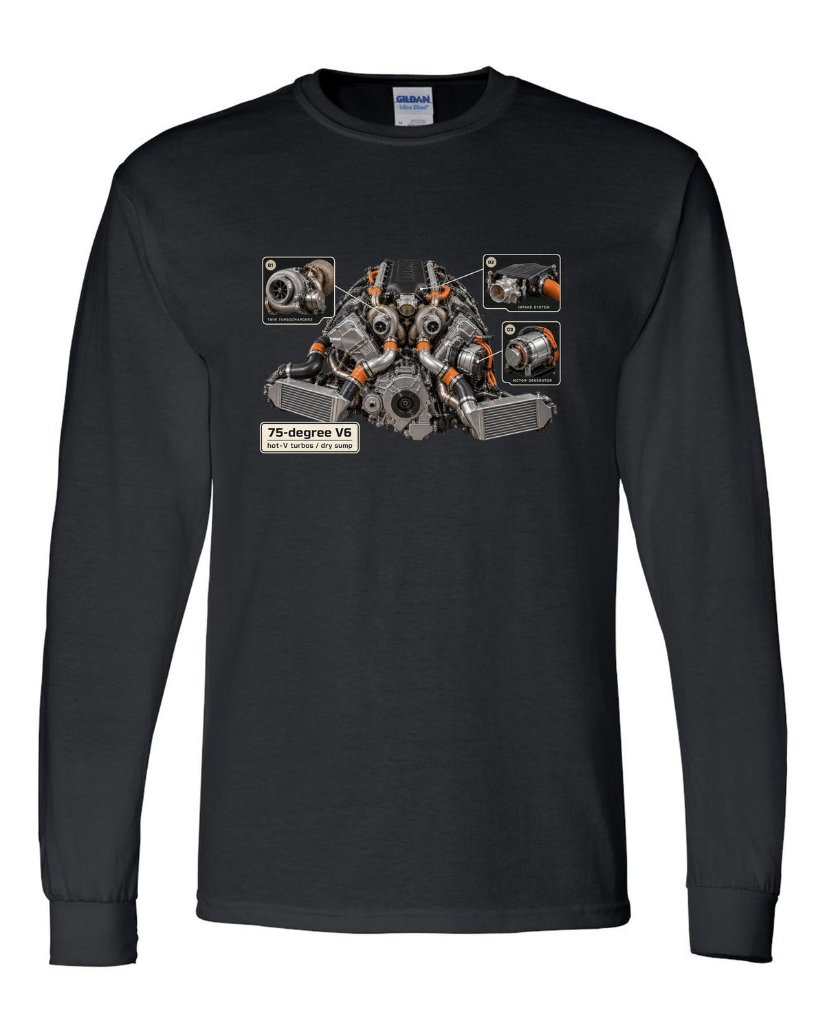 Engine bay print of an Acura NSX NC1 3.5L twin-turbo V6 black long sleeve front view with the design