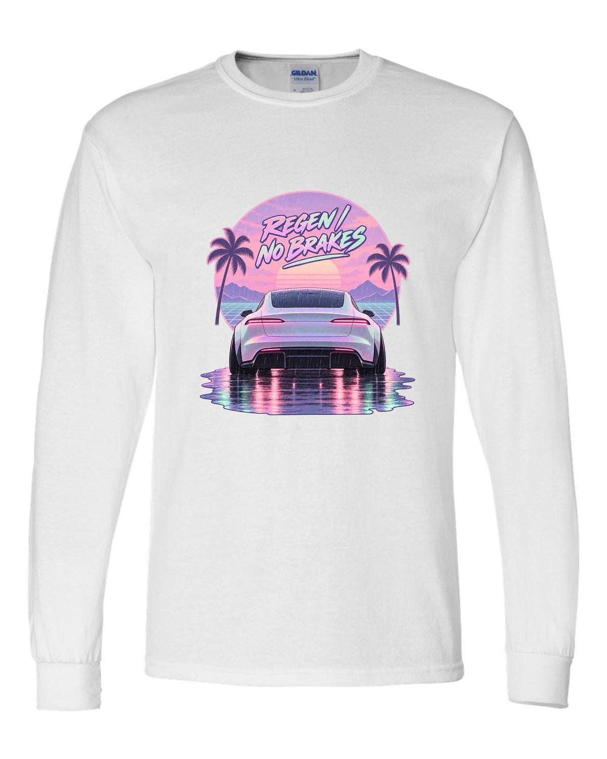 Vaporwave pastel scene of a 2021 Tesla Model S Plaid taillights in rain with the words Regen No Brakes white long sleeve front view with the design