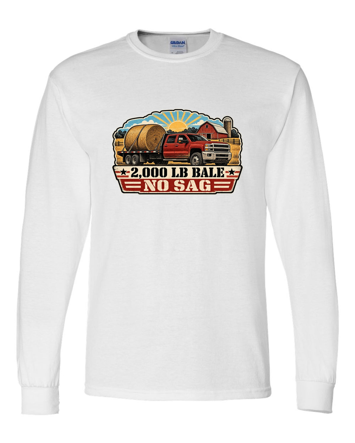 Distressed screen-print print of a 2010-2018 Ram 3500 6.7 Cummins hauling a round bale white long sleeve front view with the design