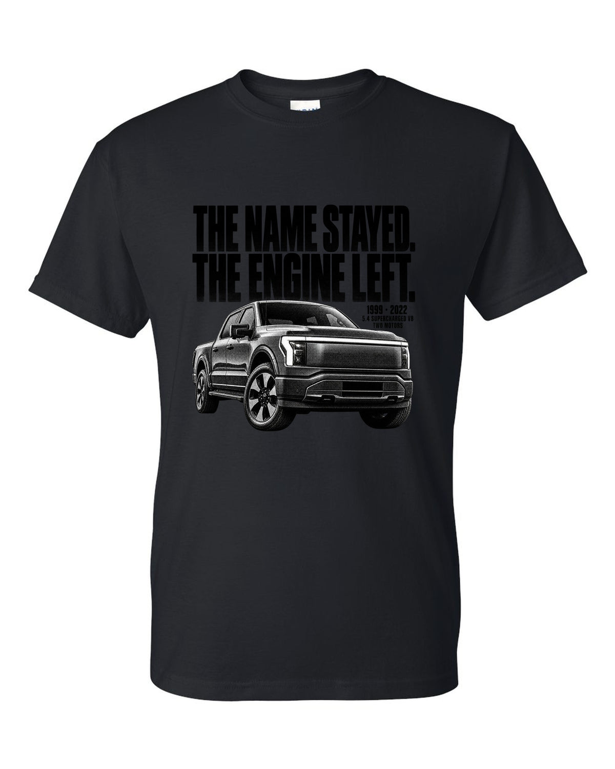 Halftone Ford F-150 Lightning 2022 front three-quarter with 1999 versus 2022 text black t-shirt front view with the design