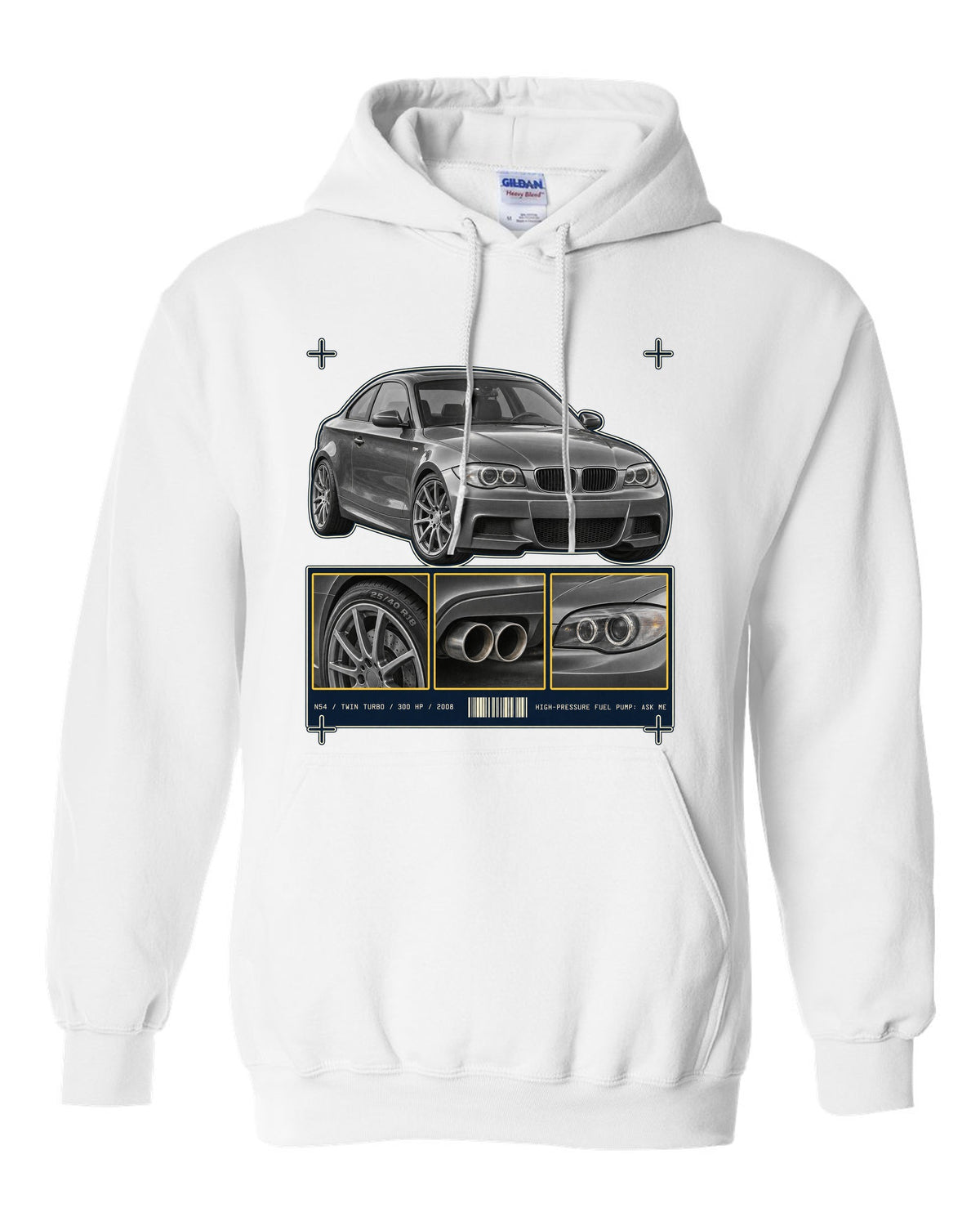 BMW 135i E82 coupe dossier panel print with N54 specs white pull over hoodie front view with the design