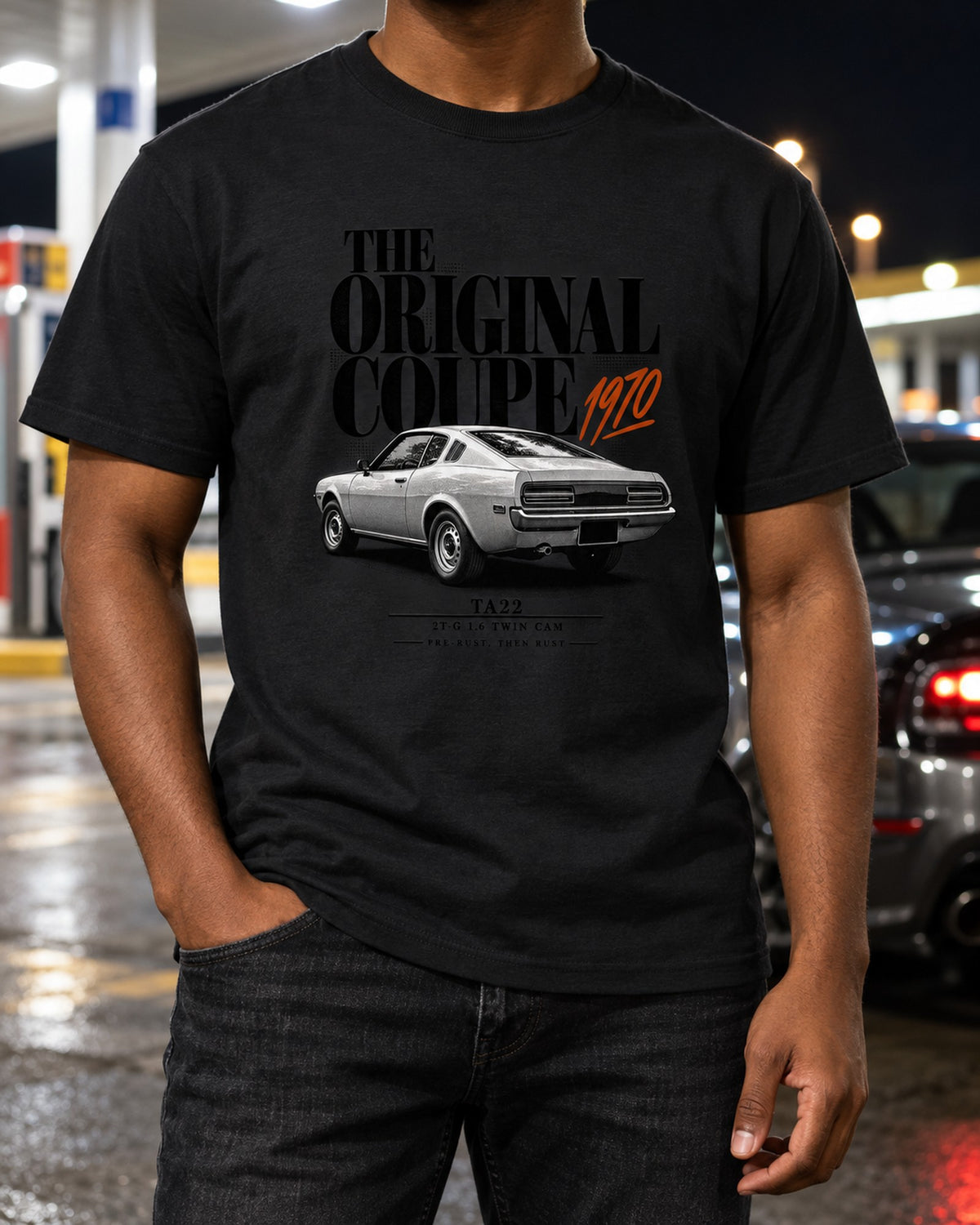 Toyota Celica TA22 Fastback Editorial Shirt, 2T-G Twin Cam T-Shirt Black worn hero