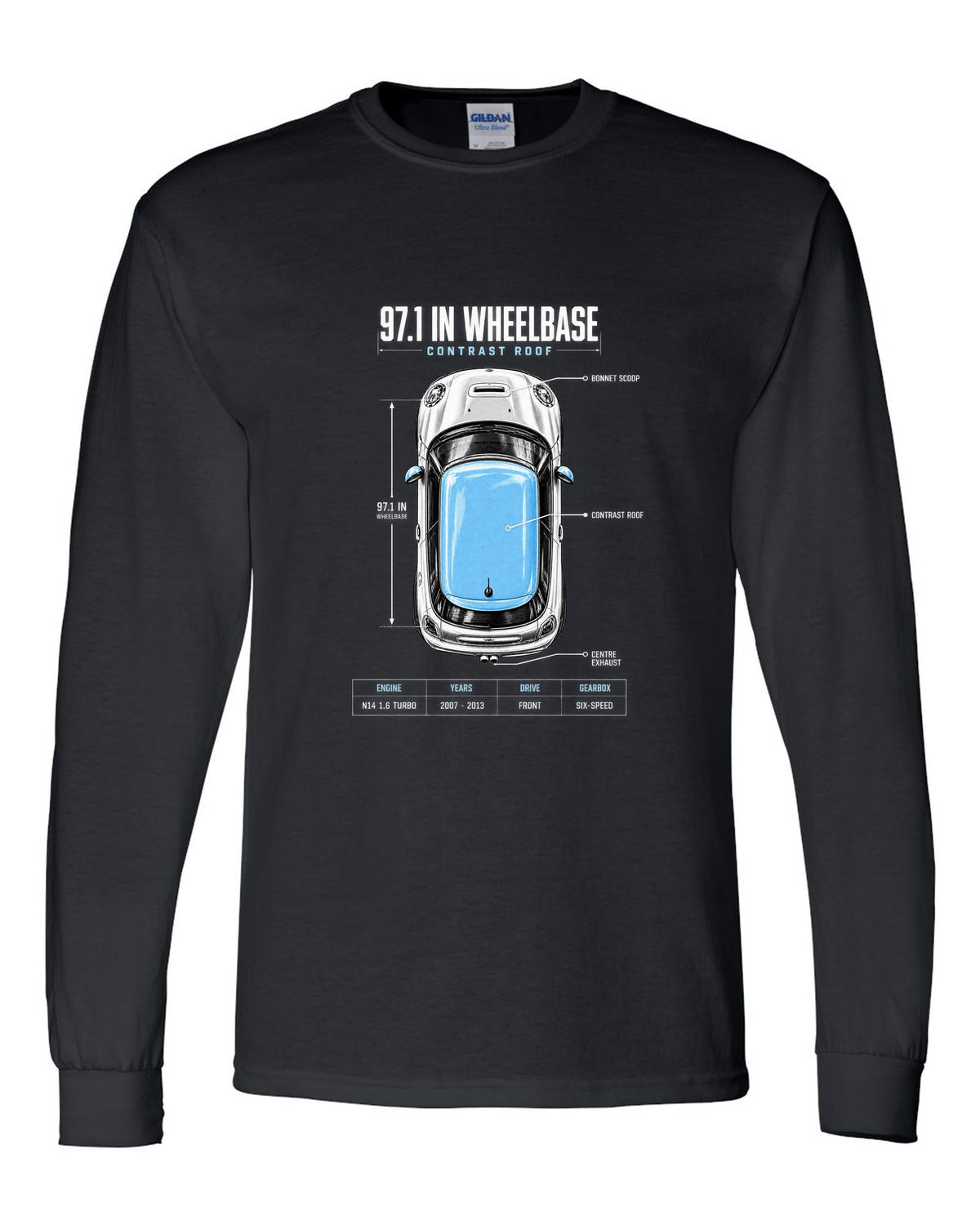 Top-down plan view of a Mini Cooper S R56 on a spec poster print with wheelbase text black long sleeve front view with the design