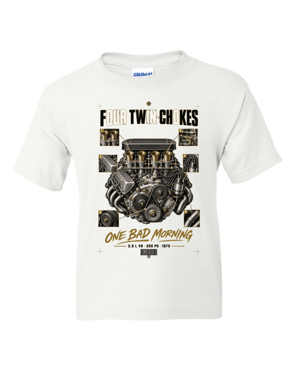 Ferrari 308 GTB 1975 engine print, four twin-choke carbs, 2.9 L V8, 255 PS white kids tee front view with the design