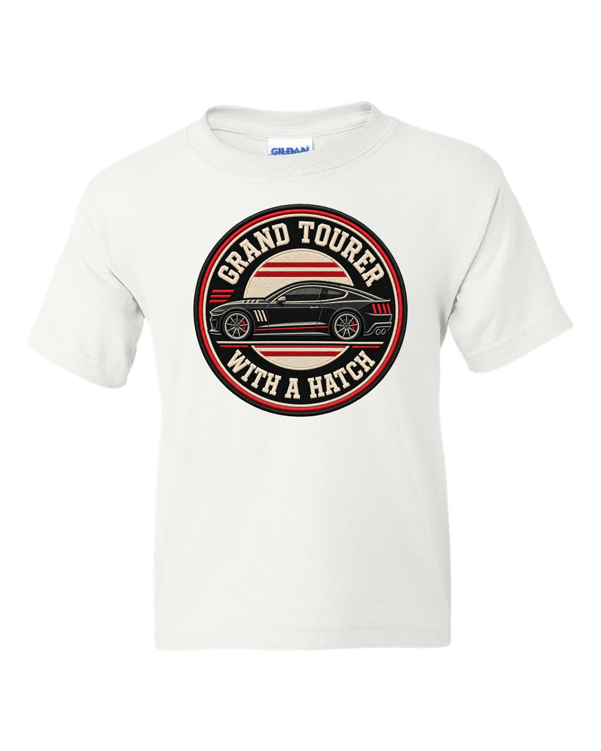 Embroidery varsity crest print for a Kia Stinger GT CK with grand tourer with a ch text white kids tee front view with the design