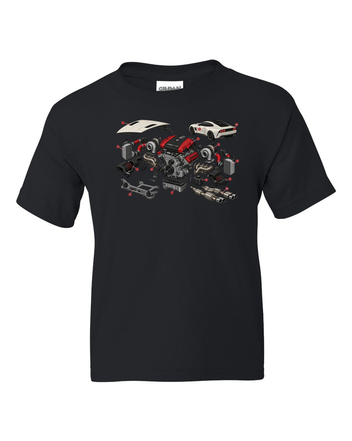 Isometric exploded cutaway print of the Kia Stinger GT CK Lambda II 3.3T engine black kids tee front view with the design
