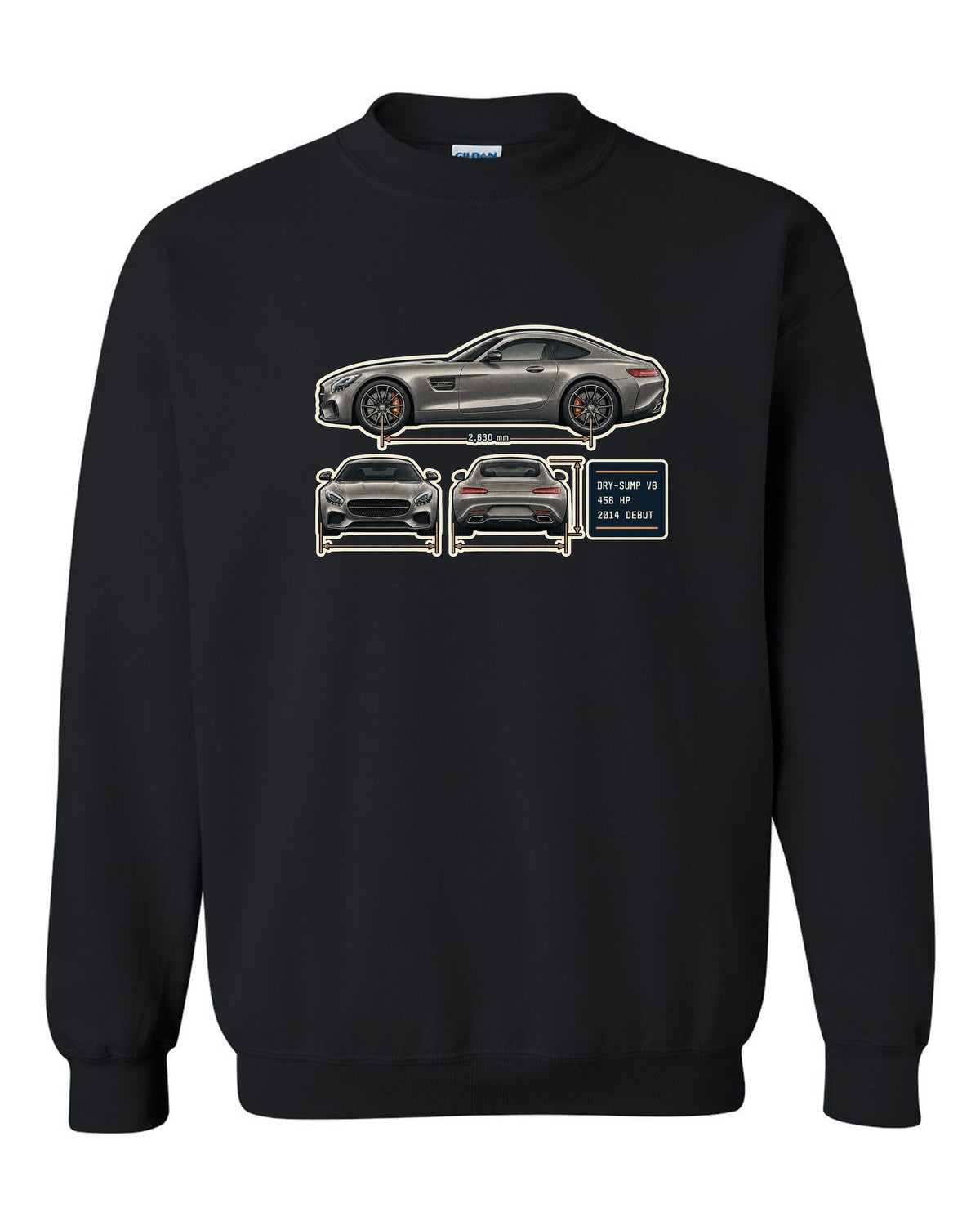Mercedes-AMG GT C190 three-view and spec table print black crewneck front view with the design