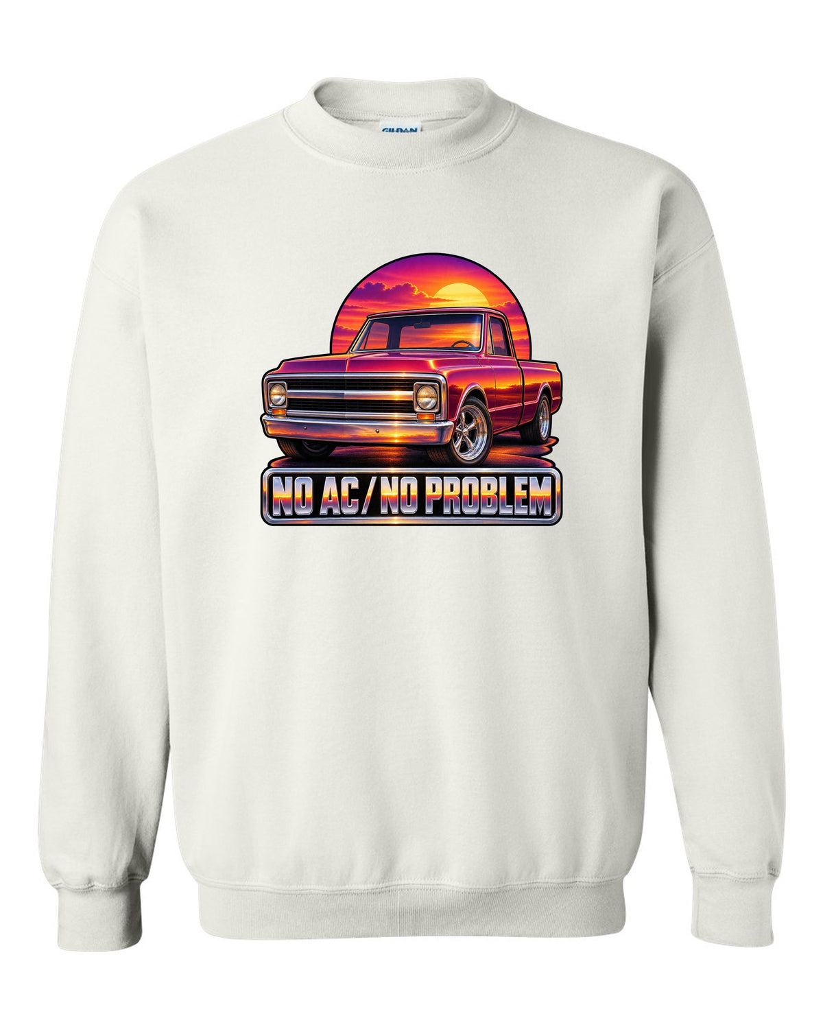70s airbrush sunset grille print of a 1967-72 Chevrolet C10 Action Line Fleetside with no AC text white crewneck front view with the design