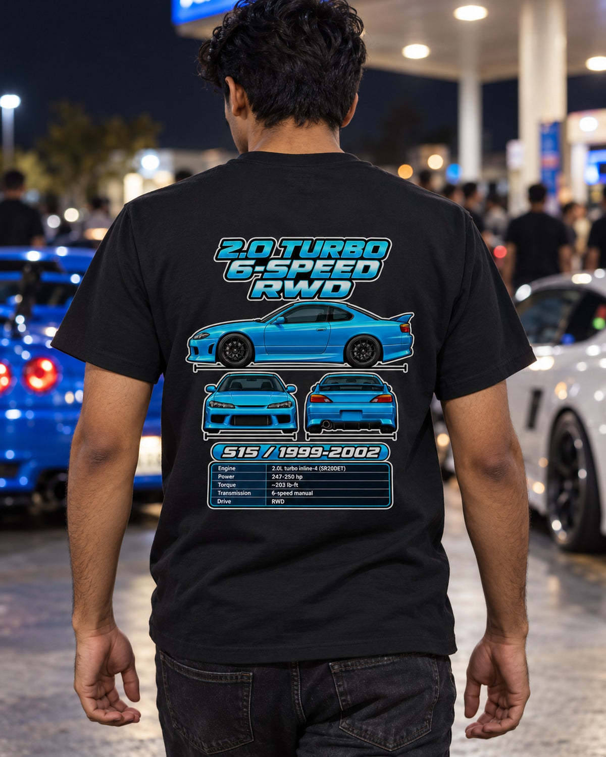 Nissan Silvia S15 Spec Sheet Full-Back Graphic Tee T-Shirt Black worn hero