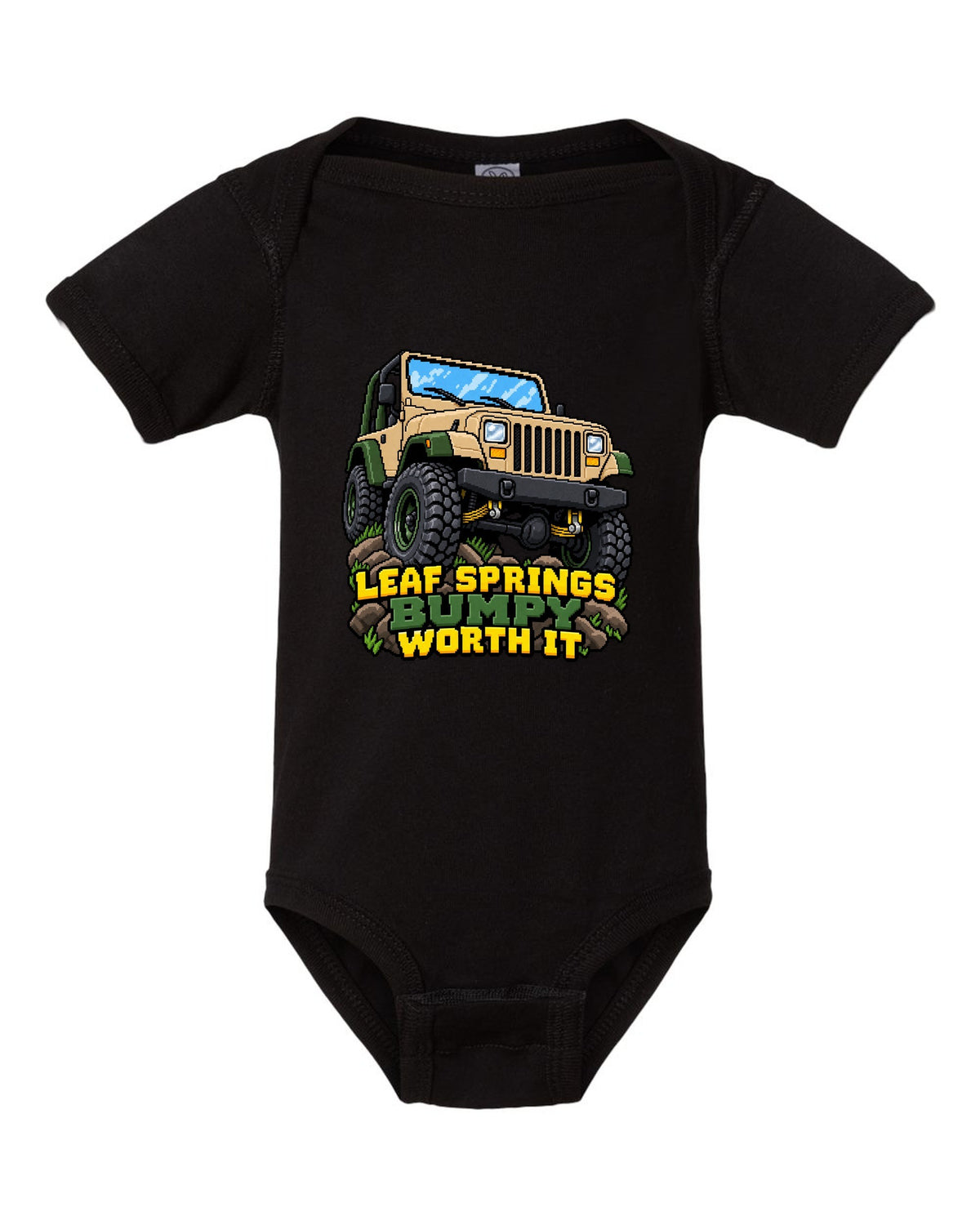 16-bit pixel art illustration of a Jeep Wrangler YJ with LEAF SPRINGS BUMPY WORTH IT lettering black baby onesie front view with the design