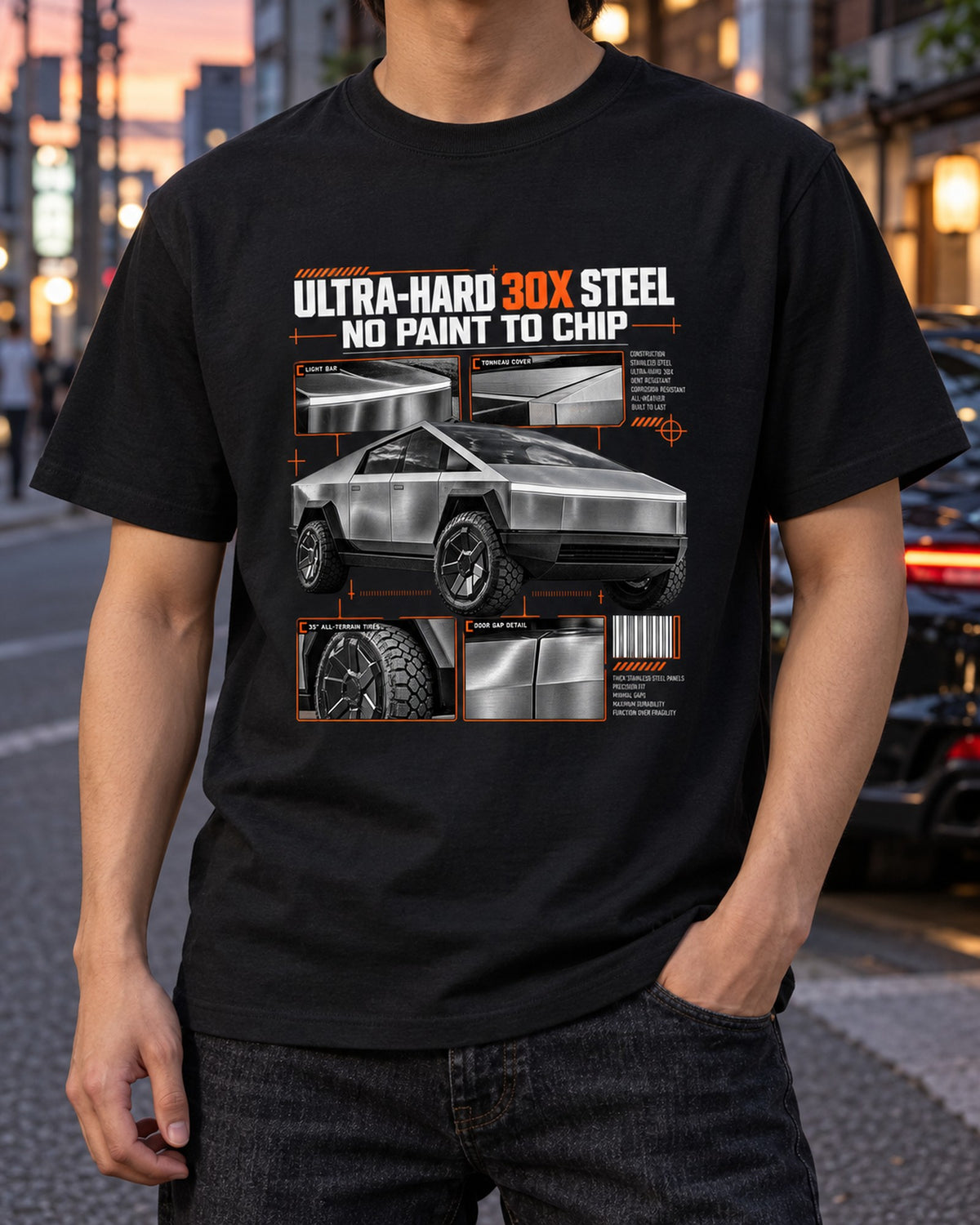 Tesla Cybertruck 2023 Steel Dossier Shirt, Ultra-Hard 30X T-Shirt Black worn hero