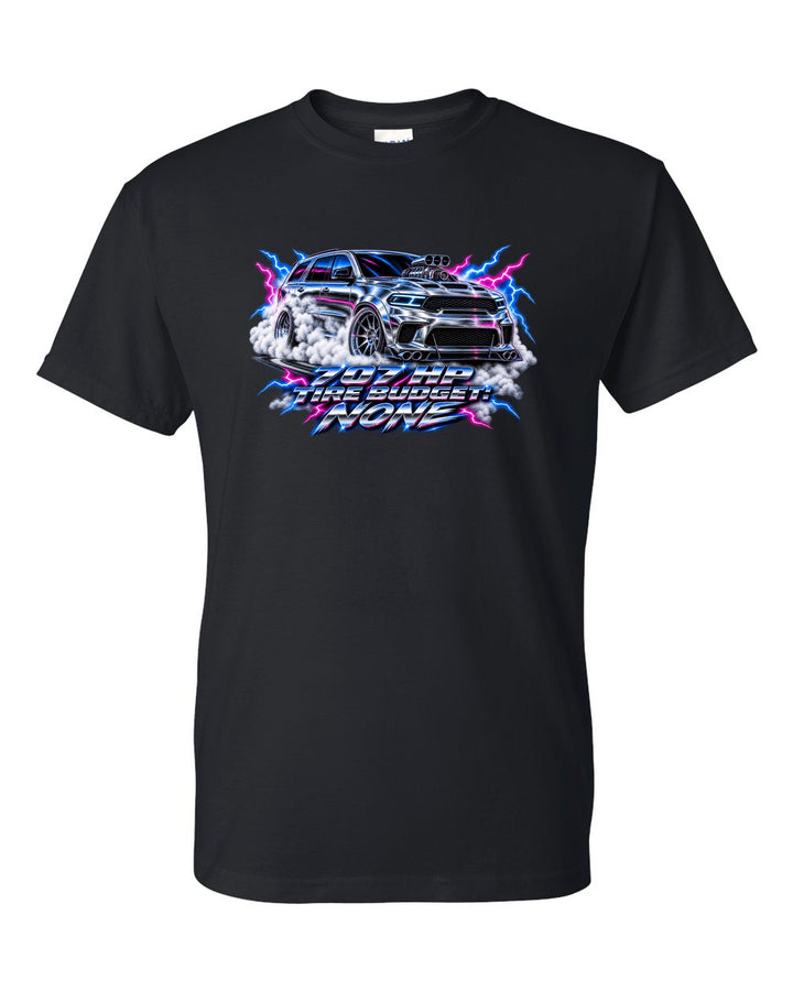 80s airbrush chrome print of a Jeep Grand Cherokee WK2 Trackhawk with 707 HP text black t-shirt front view with the design