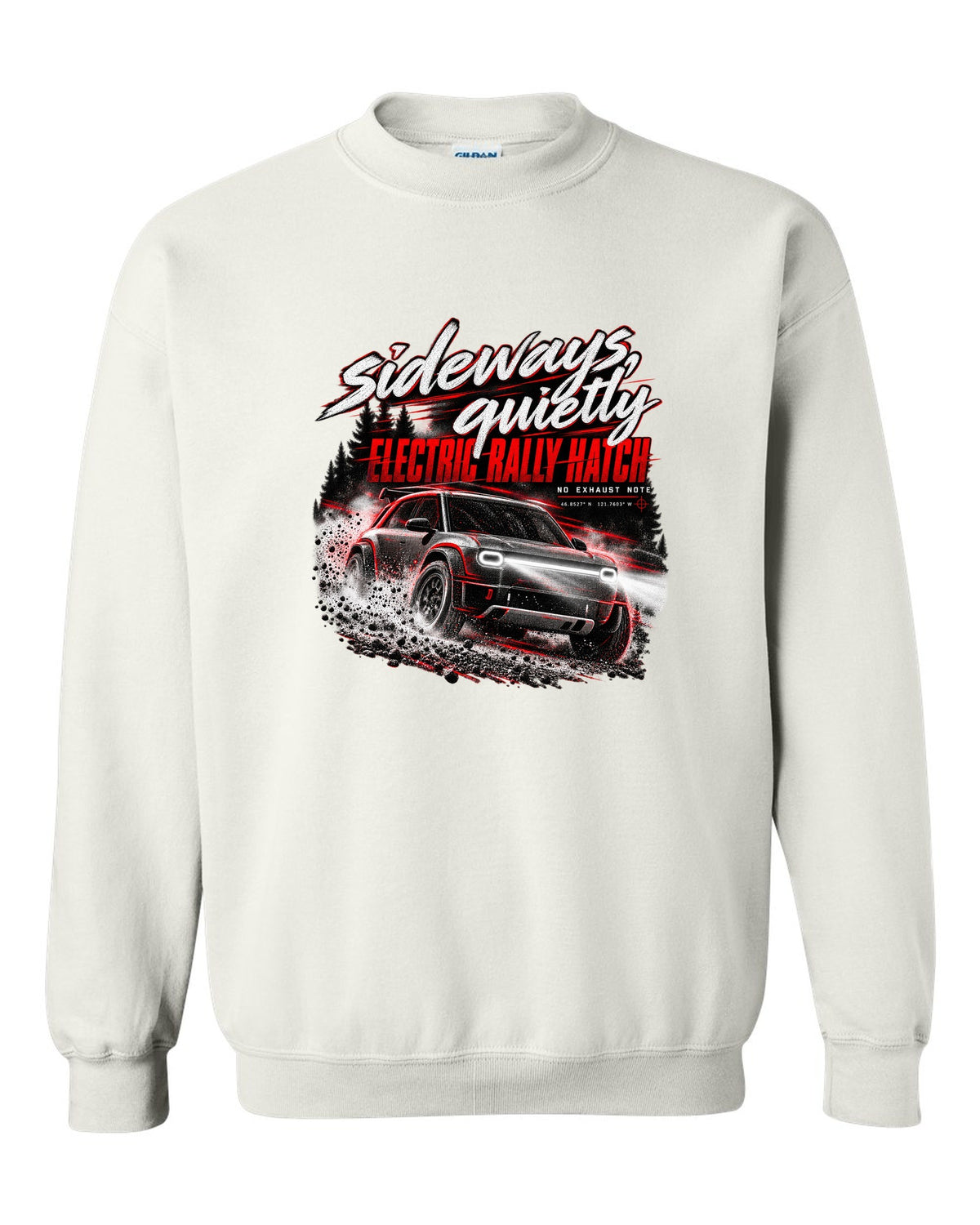 Rivian R3X 2027 sliding on a night touge with the text sideways quietly, electric rally ch white crewneck front view with the design