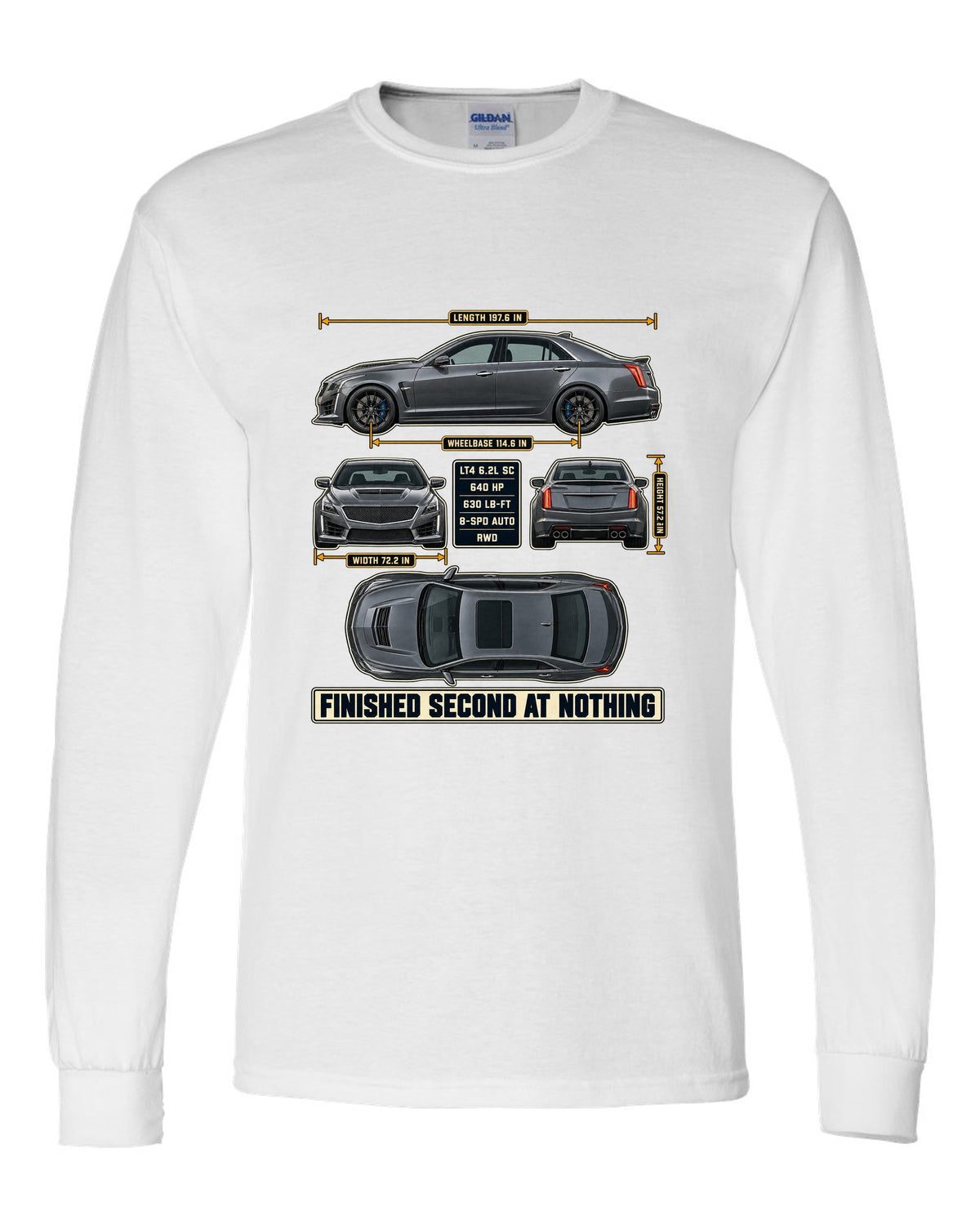 Dimension blueprint print of a 2016-19 Cadillac CTS-V sedan white long sleeve front view with the design