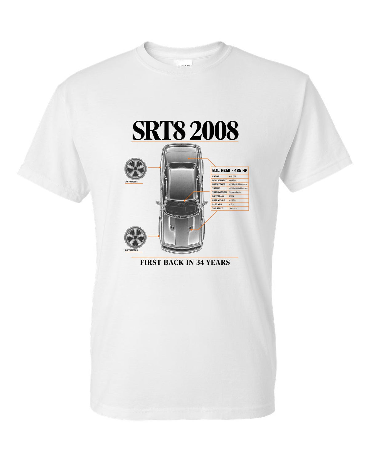 Spec poster print of a 2008 Dodge Challenger SRT8 with 6.1L Hemi and 425 HP text white t-shirt front view with the design