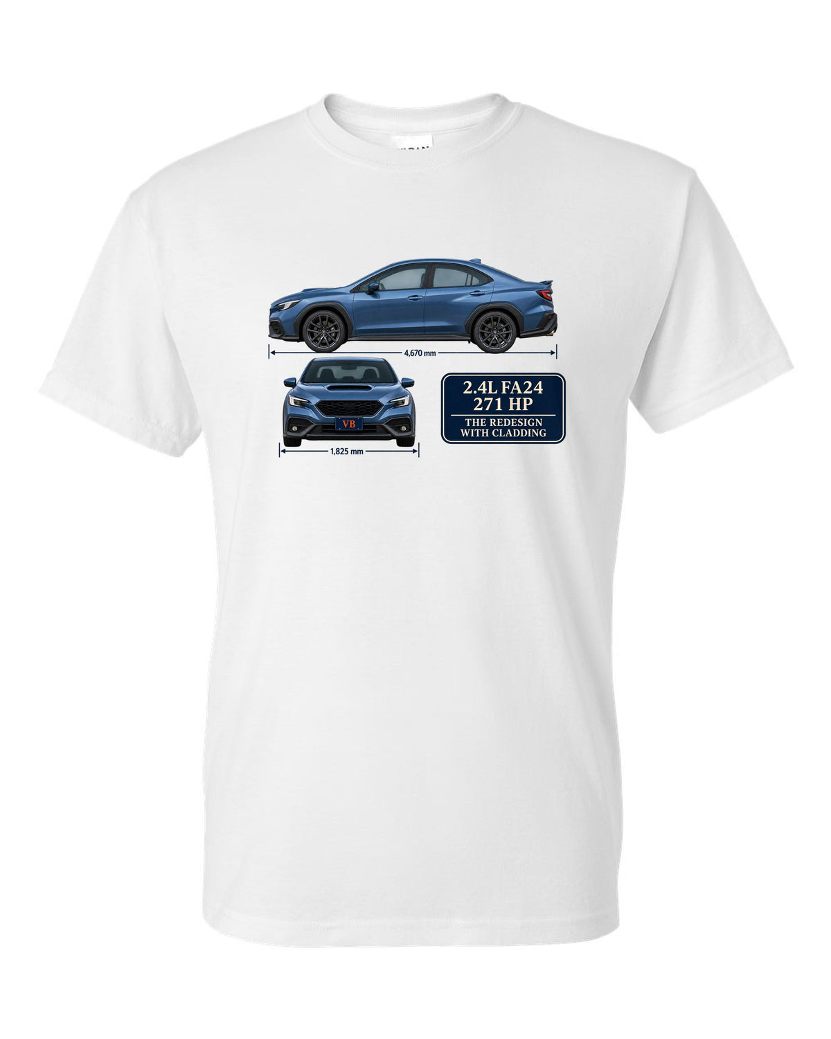 Subaru WRX VB sedan in rally blue-grey with editorial headline white t-shirt front view with the design