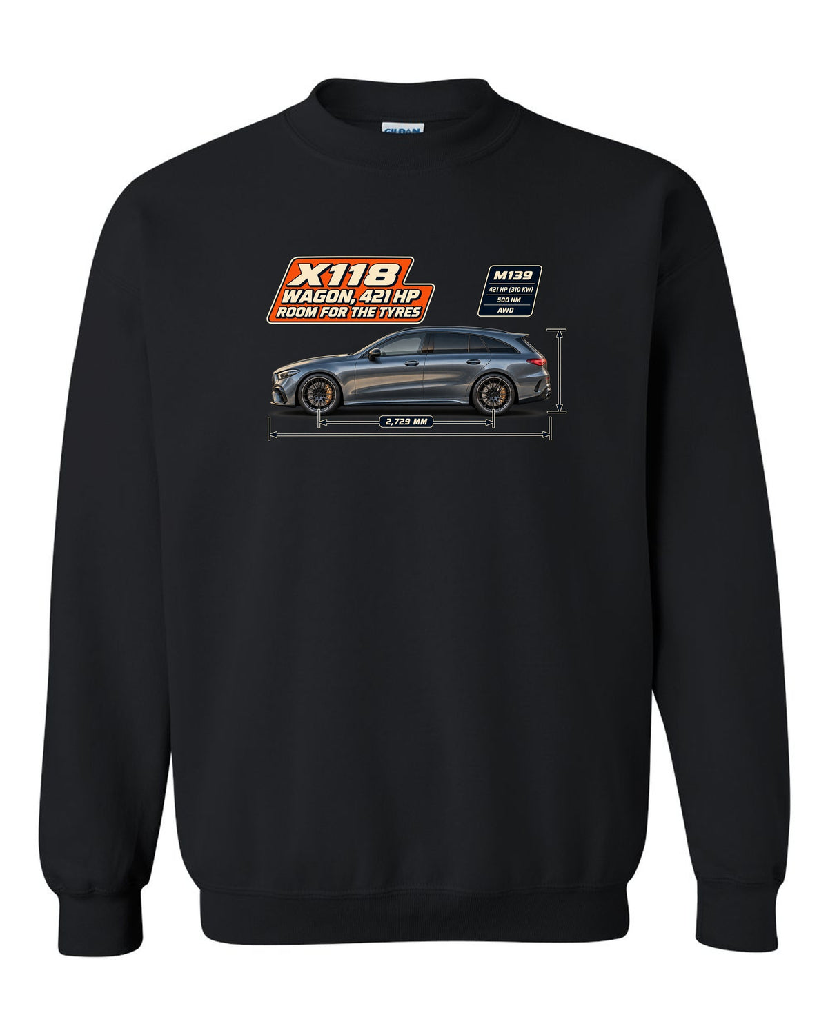 Mercedes-AMG CLA 45 S Shooting Brake X118 wagon spec poster print black crewneck front view with the design