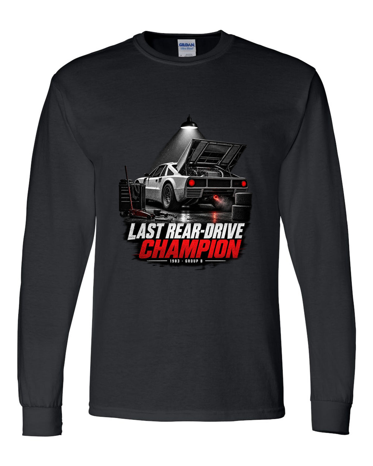 Garage night print of a Lancia Rally 037 with Last Rear-Drive Champion text black long sleeve front view with the design