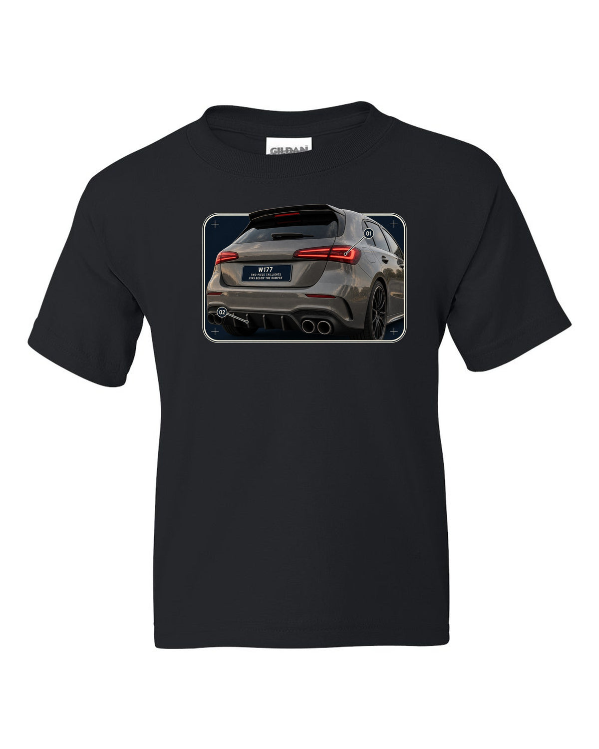 Mercedes-AMG A45 S W177 rear taillight macro detail print black kids tee front view with the design