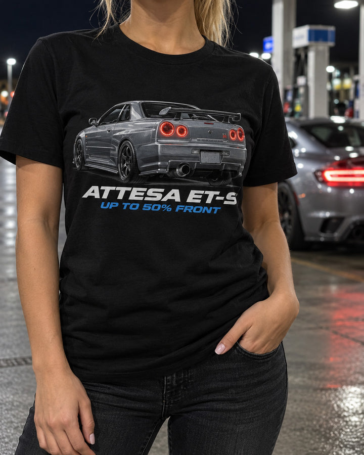 Nissan Skyline GT-R BNR34 ATTESA ET-S Flat Vector Tee T-Shirt Black worn hero