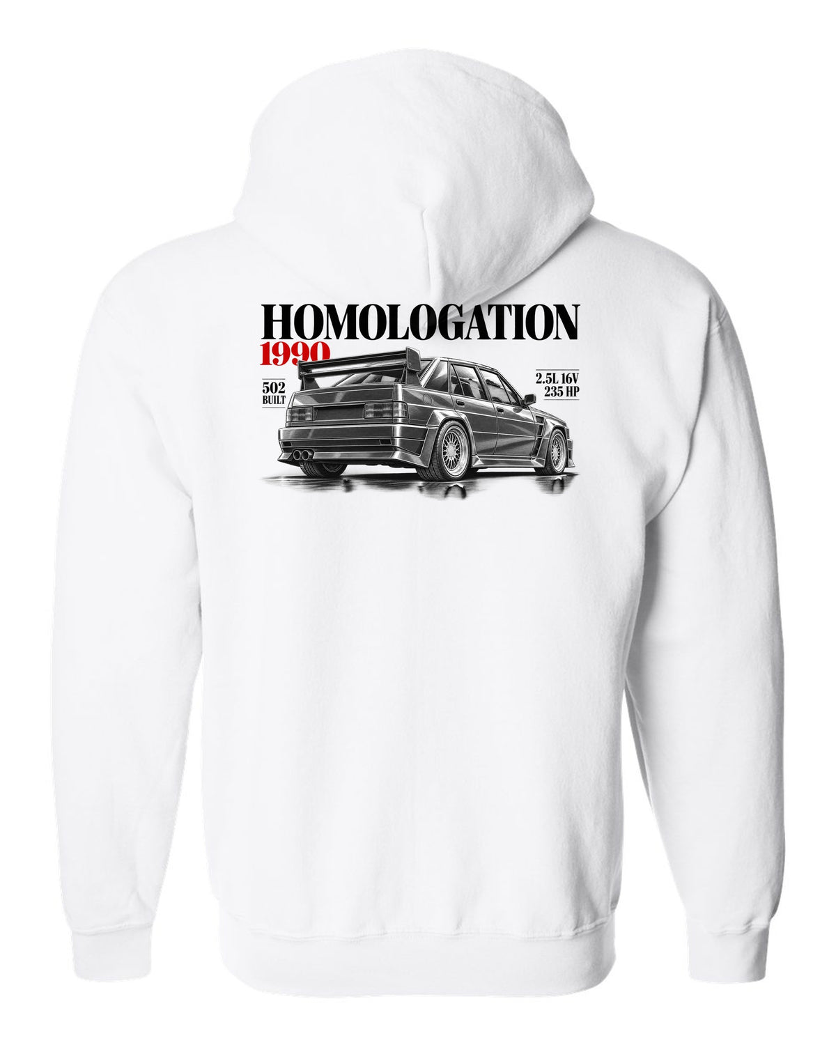 print editorial headline of a Mercedes 190E 2.5-16 Evolution II W201 with homologation 1990 502 built white zip hoodie back view with the design