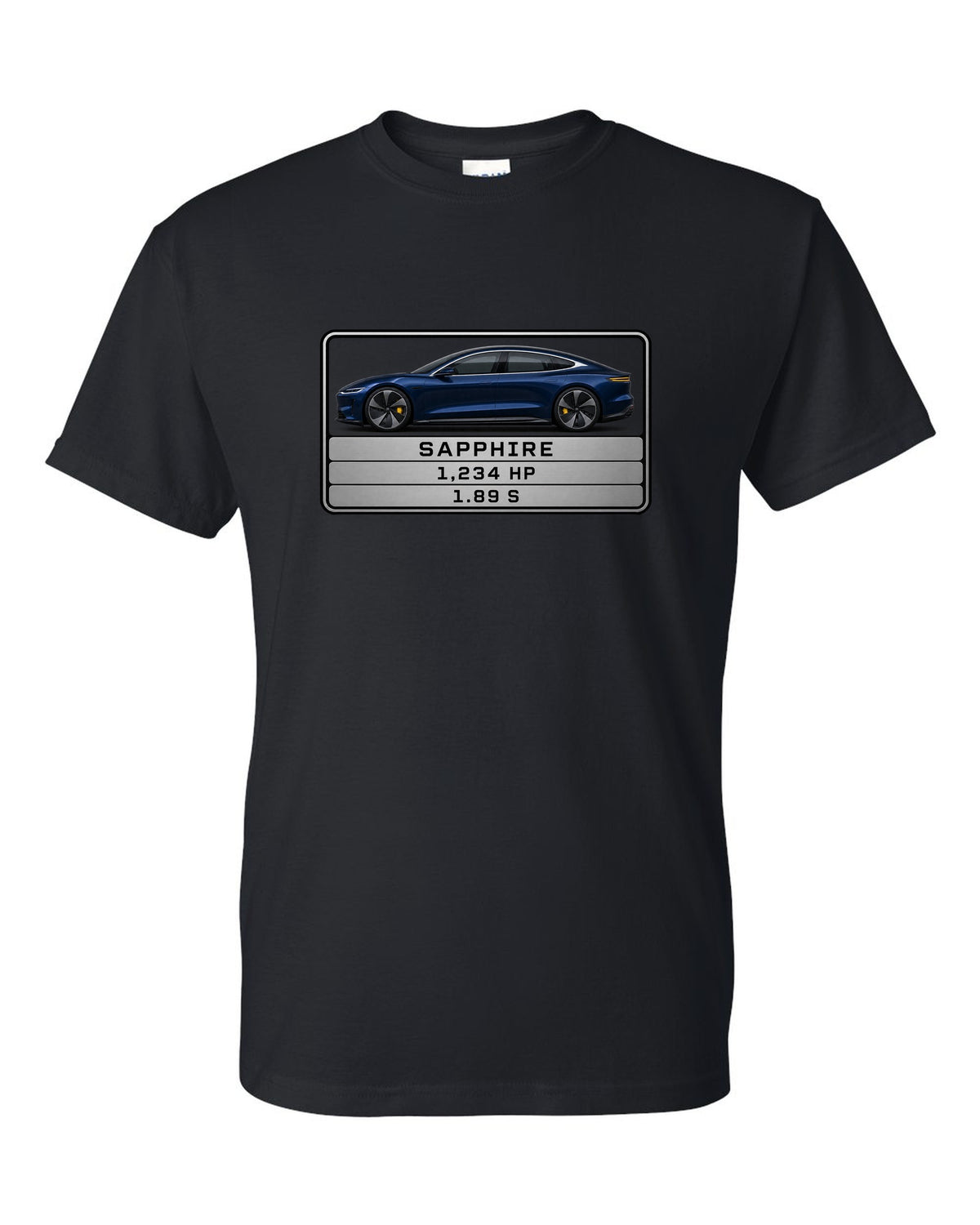 Lucid Air Sapphire monospaced spec data plate print with the text Sapphire 1,234 hp 1.89 s black t-shirt front view with the design