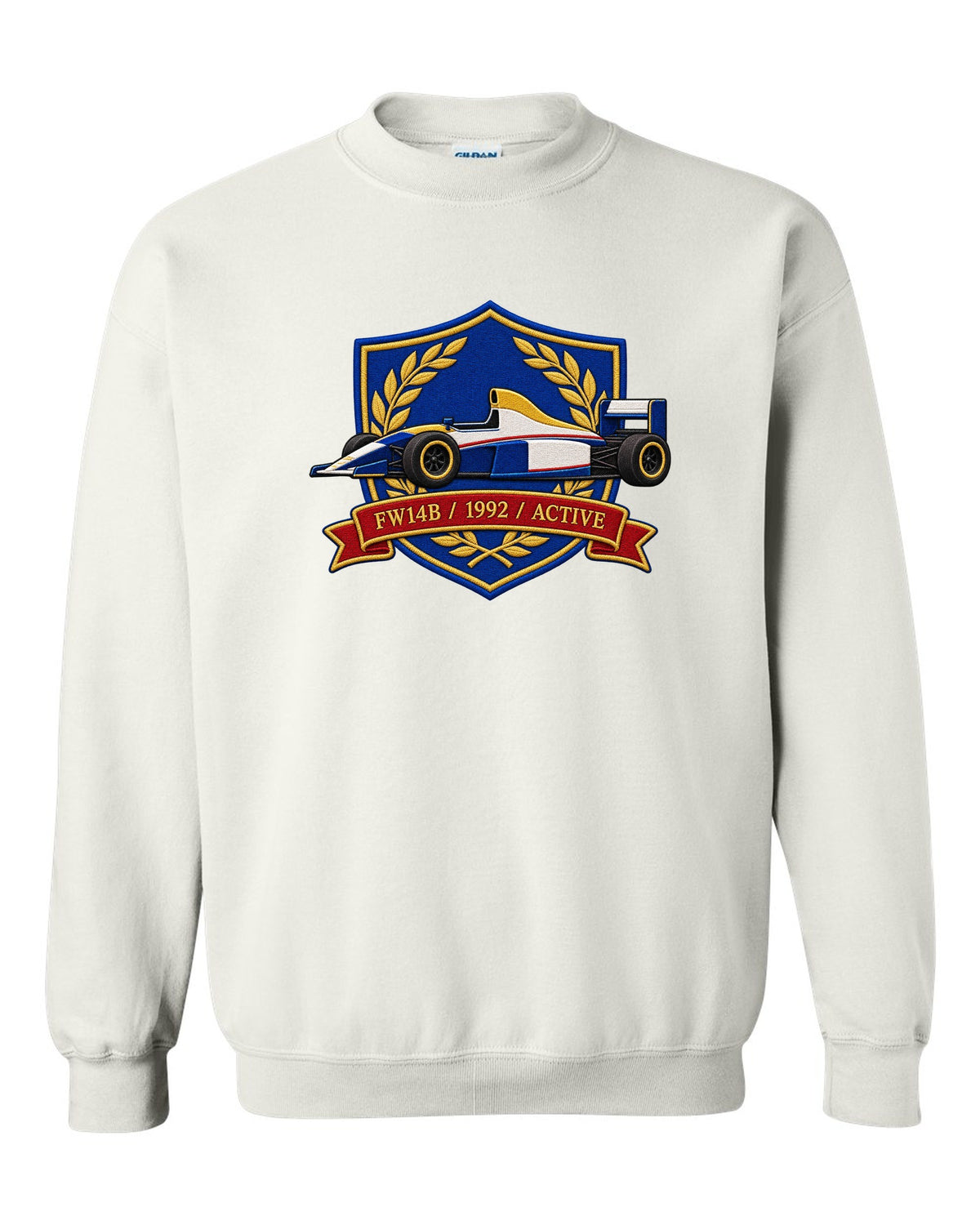 Varsity crest style Williams FW14B Formula 1 car with 1992 ACTIVE lettering white crewneck front view with the design