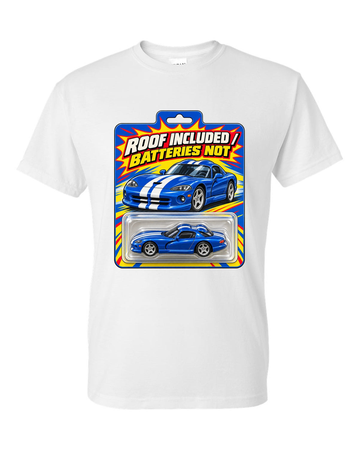 Toy blister-card layout featuring a 1996 Dodge Viper GTS SR II with roof included joke text white t-shirt front view with the design