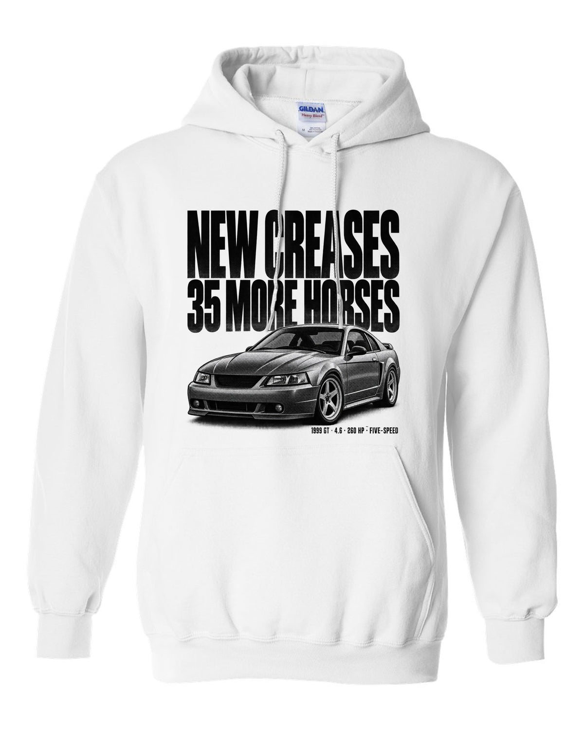 Halftone print of a 1999 Ford Mustang New Edge GT coupe white pull over hoodie front view with the design