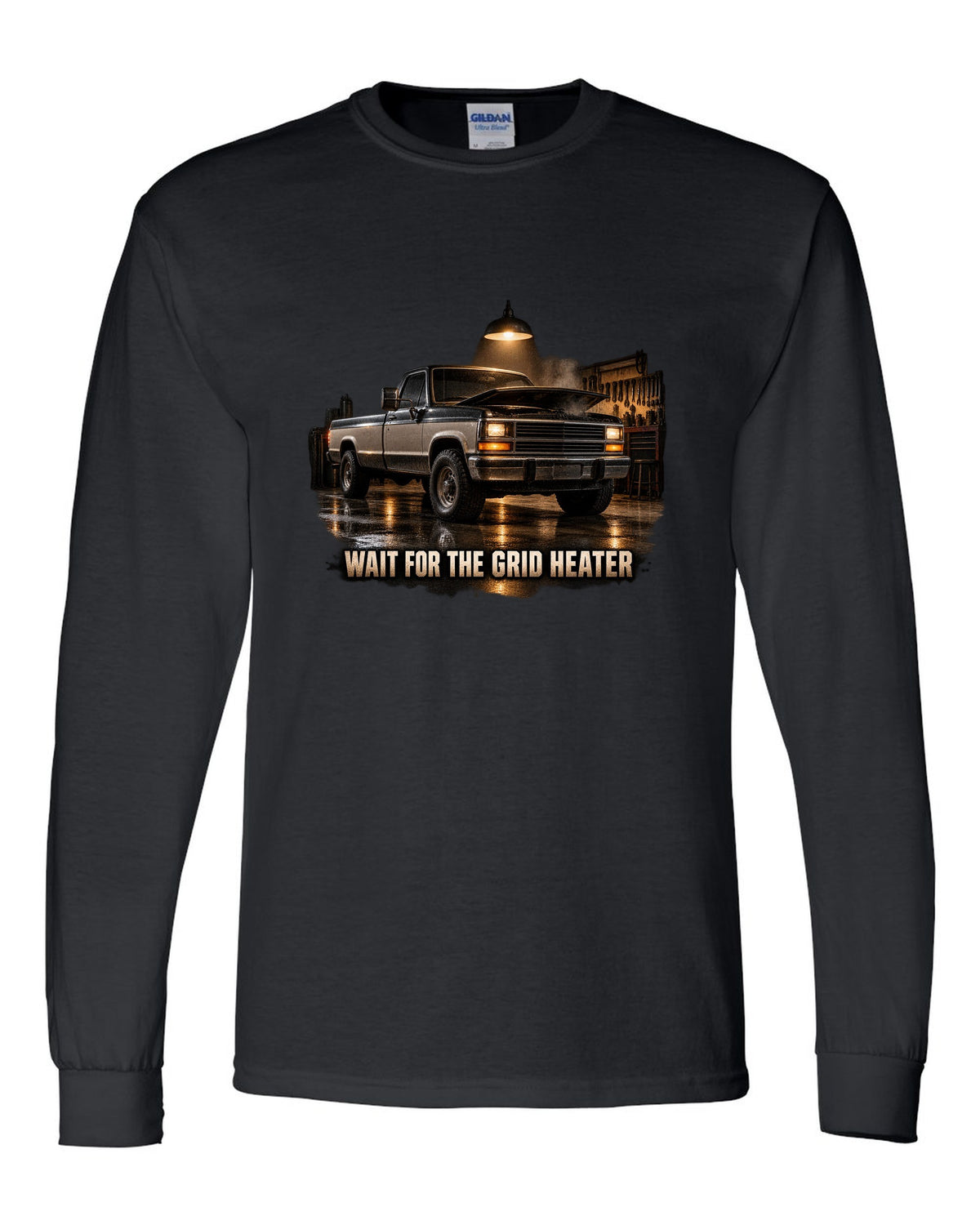 Dodge D250 first generation in a night garage with the text Wait For The Grid Heater black long sleeve front view with the design