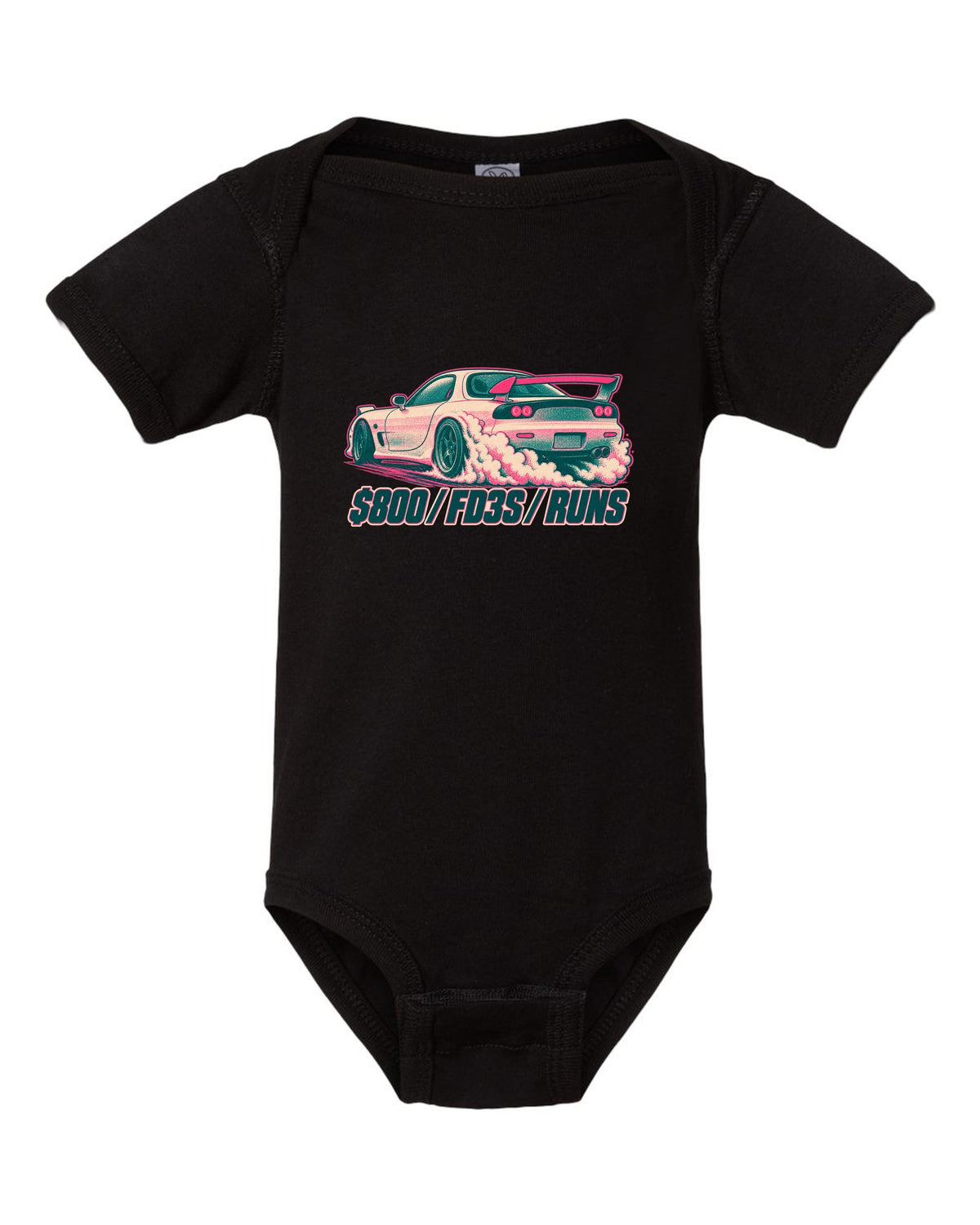 Geometric op-art rotor housing design for the Mazda RX-7 FD3S with 654 CC X 2 / NO PISTONS lettering black baby onesie front view with the design