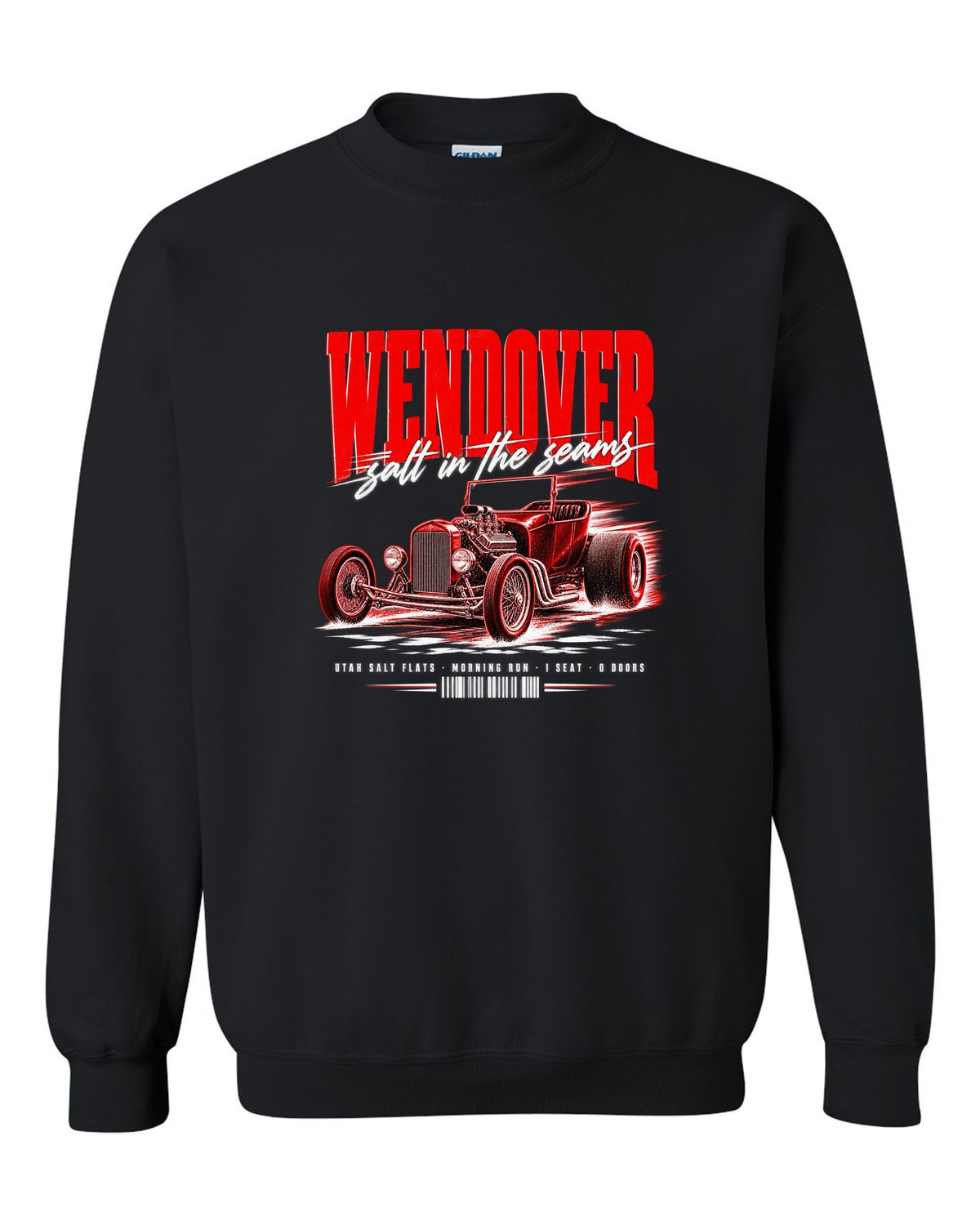 Street poster print of a T-bucket hot rod for Wendover and the Utah Salt Flats black crewneck front view with the design