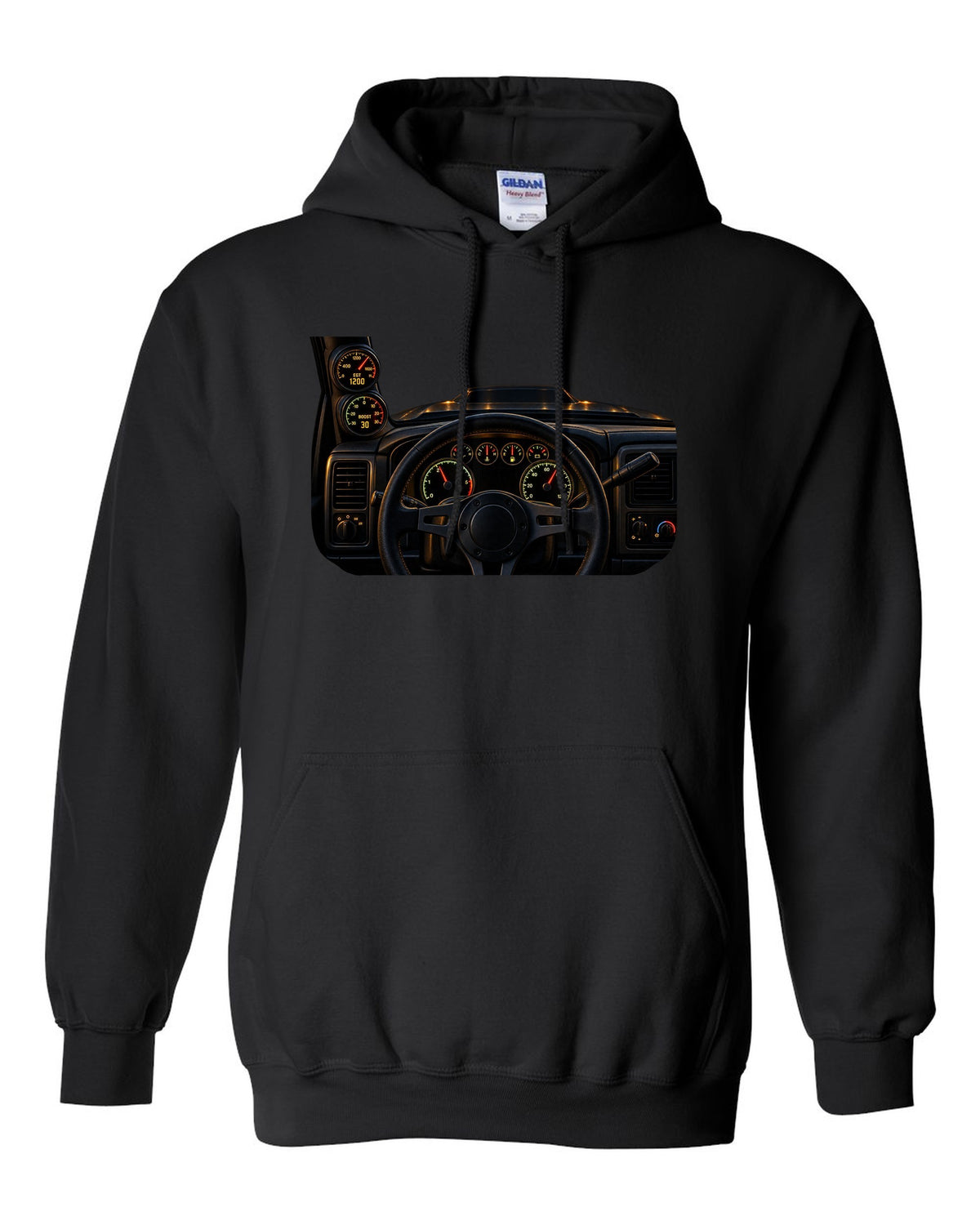 Dyno chart gauge cluster print showing EGT and boost for a Dodge Ram 2500 Cummins black pull over hoodie front view with the design