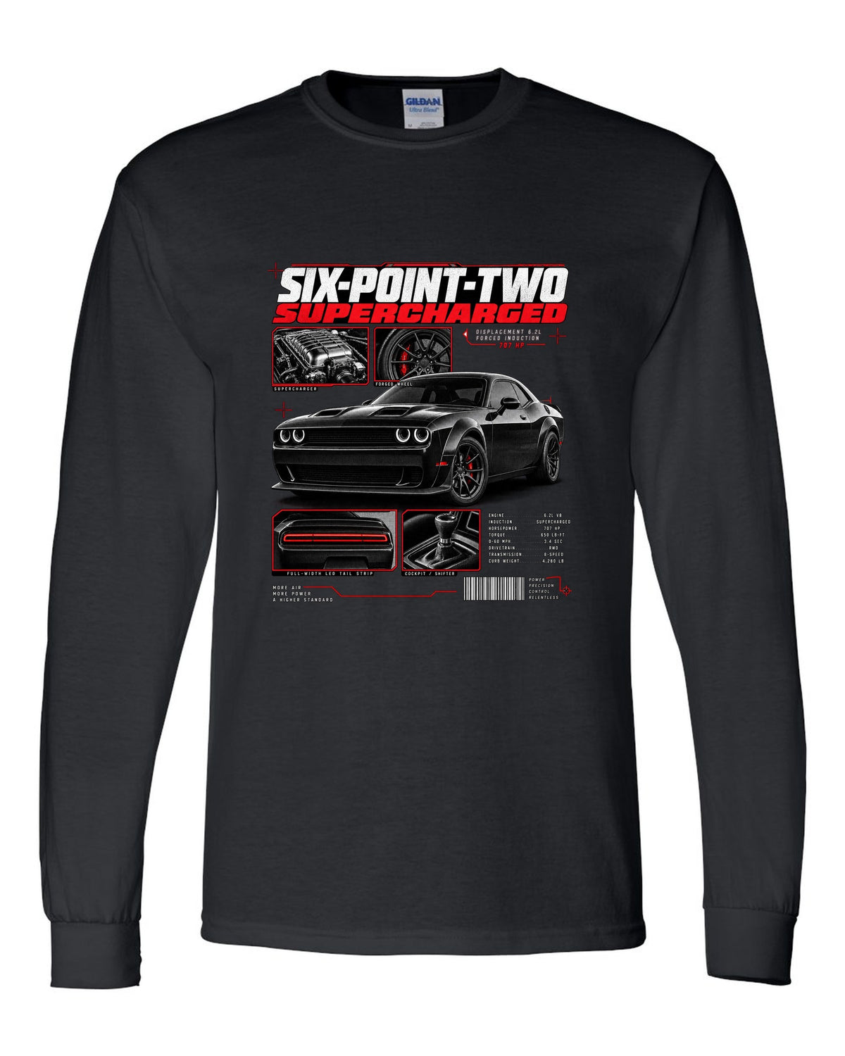 Dossier panel print of a 2018 Dodge Challenger LC/LA with 6.2 supercharged and 707 HP text black long sleeve front view with the design