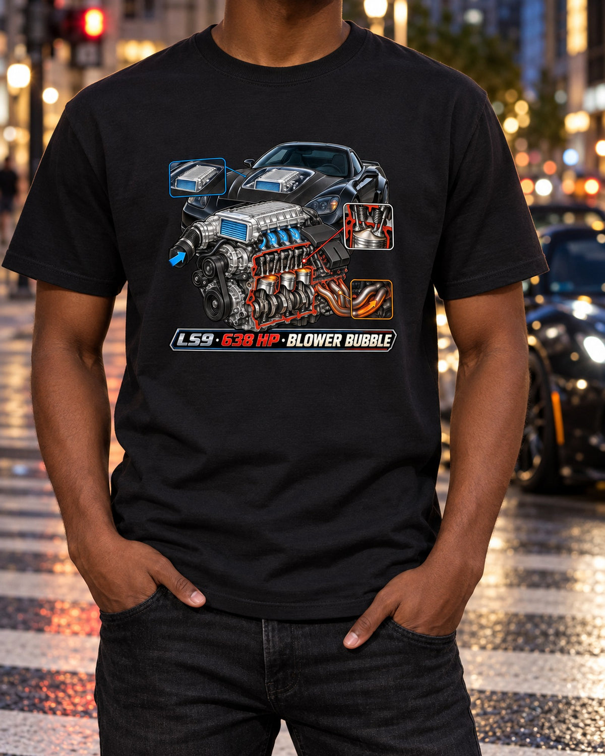 2009 Corvette C6 ZR1 LS9 Supercharger Cutaway Shirt, 638 HP T-Shirt Black worn hero