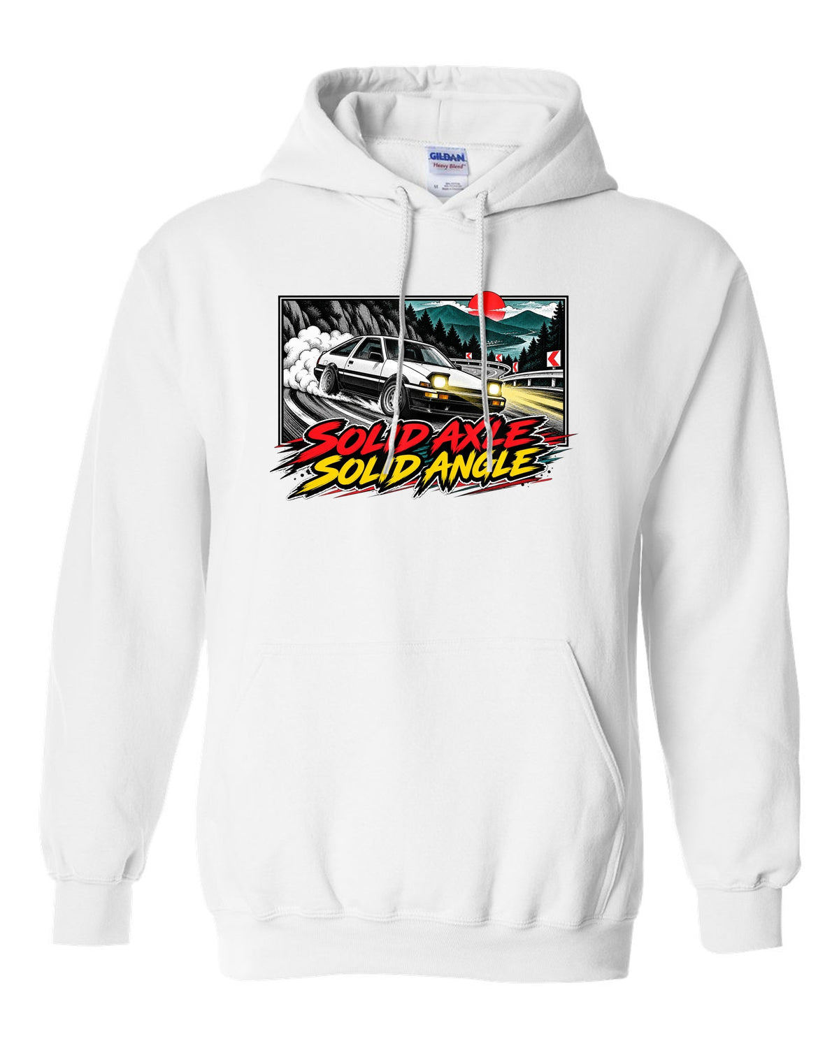 Retro manga halftone panel of a Toyota AE86 Sprinter Trueno drifting downhill white pull over hoodie front view with the design