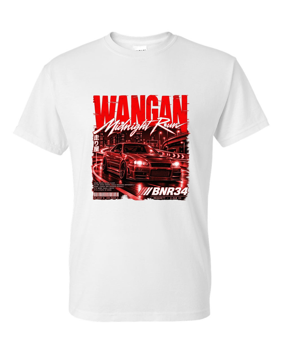 Street poster print of a Nissan Skyline GT-R R34 BNR34 with Wangan Midnight Run text white t-shirt front view with the design