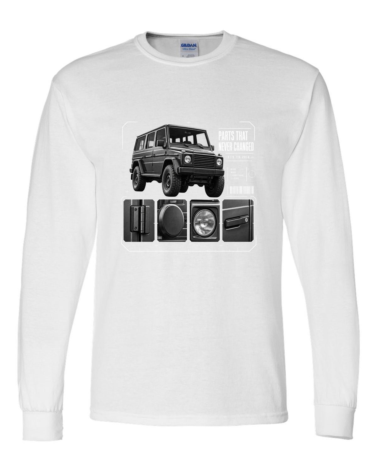 Three-panel dossier print of a Mercedes G-Class W463 with Parts T Never Changed lettering white long sleeve front view with the design