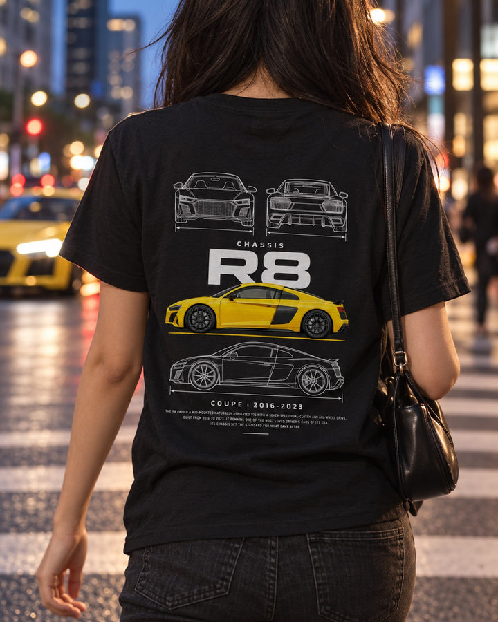Audi R8 second generation Blueprint Full-Back Graphic Tee, R8 Chassis Code T-Shirt Black worn hero