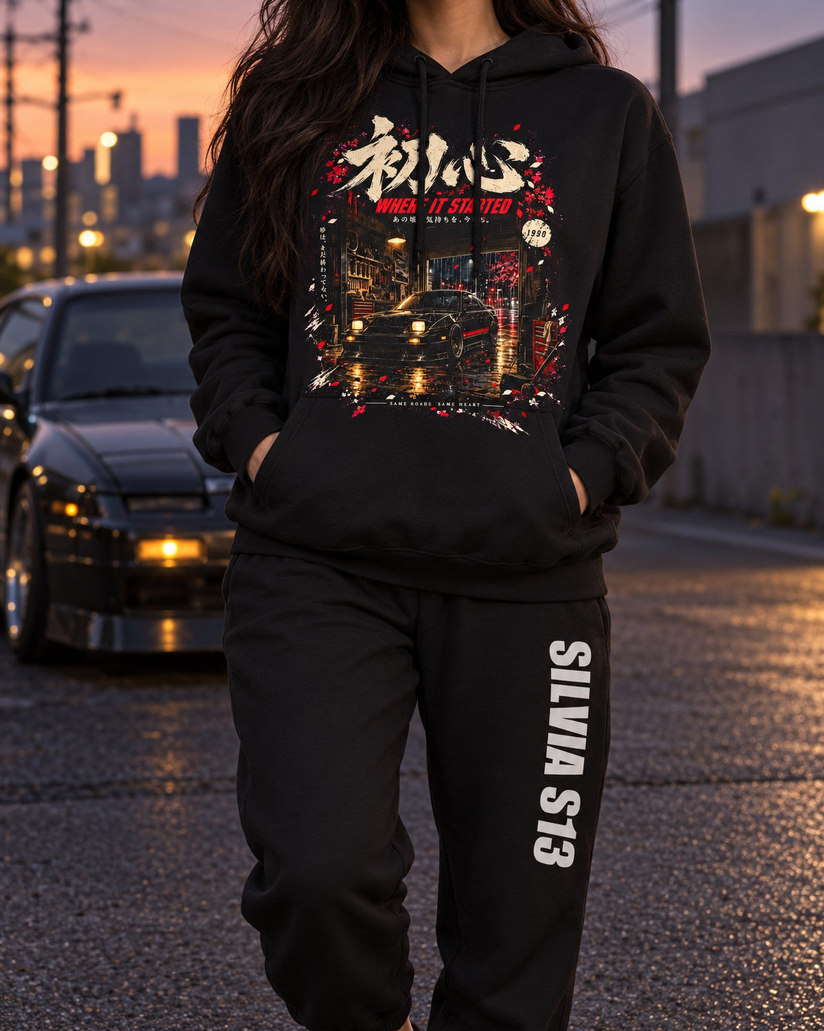 Nissan Silvia S13 Dream Car Hoodie + Jogger Set Black worn hero