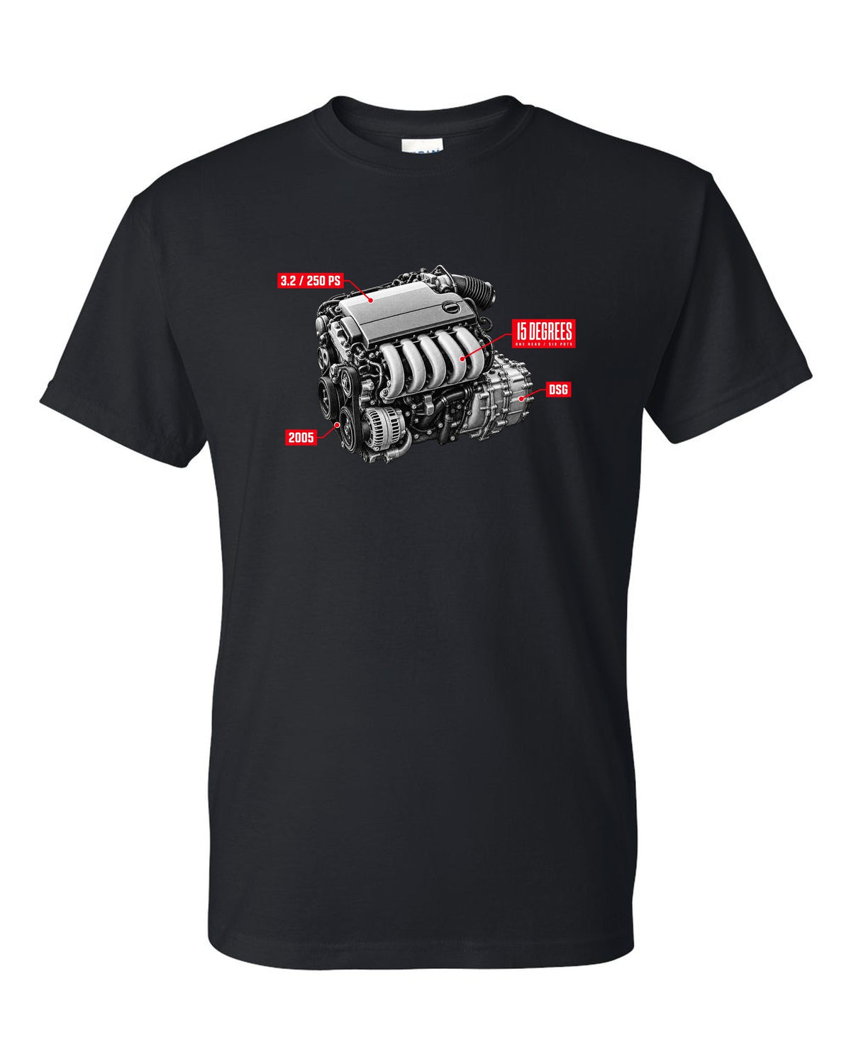 VW Golf R32 Mk5 2005 VR6 engine hero design with 15 degrees one head text black t-shirt front view with the design