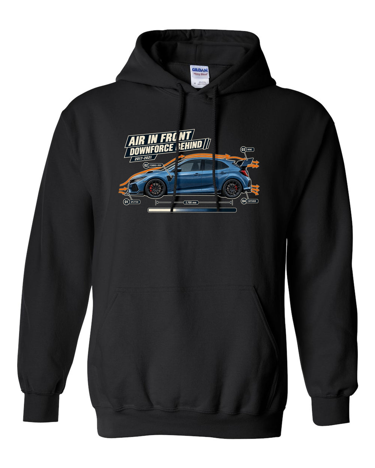 print aero callout drawing of a Boost Blue Honda Civic Type R FK8 black pull over hoodie front view with the design