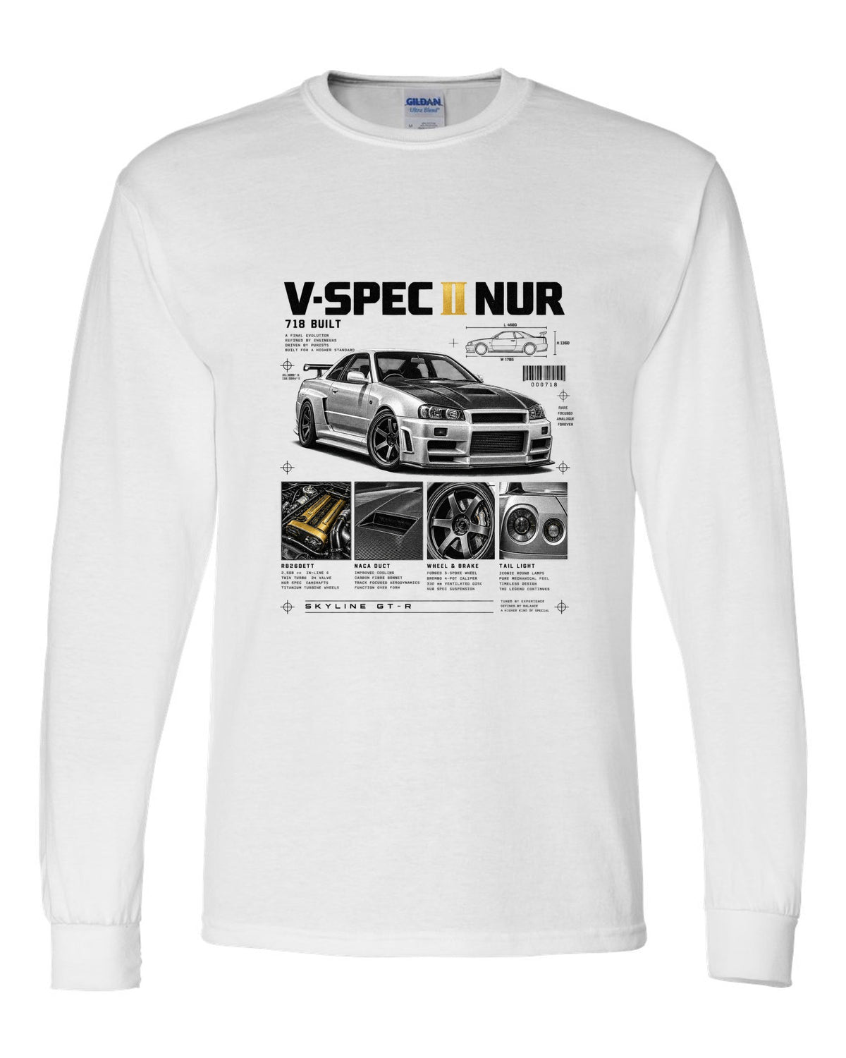 Dossier panels of a Nissan Skyline GT-R R34 V-Spec II Nur with 718 built and gold cam covers lettering white long sleeve front view with the design