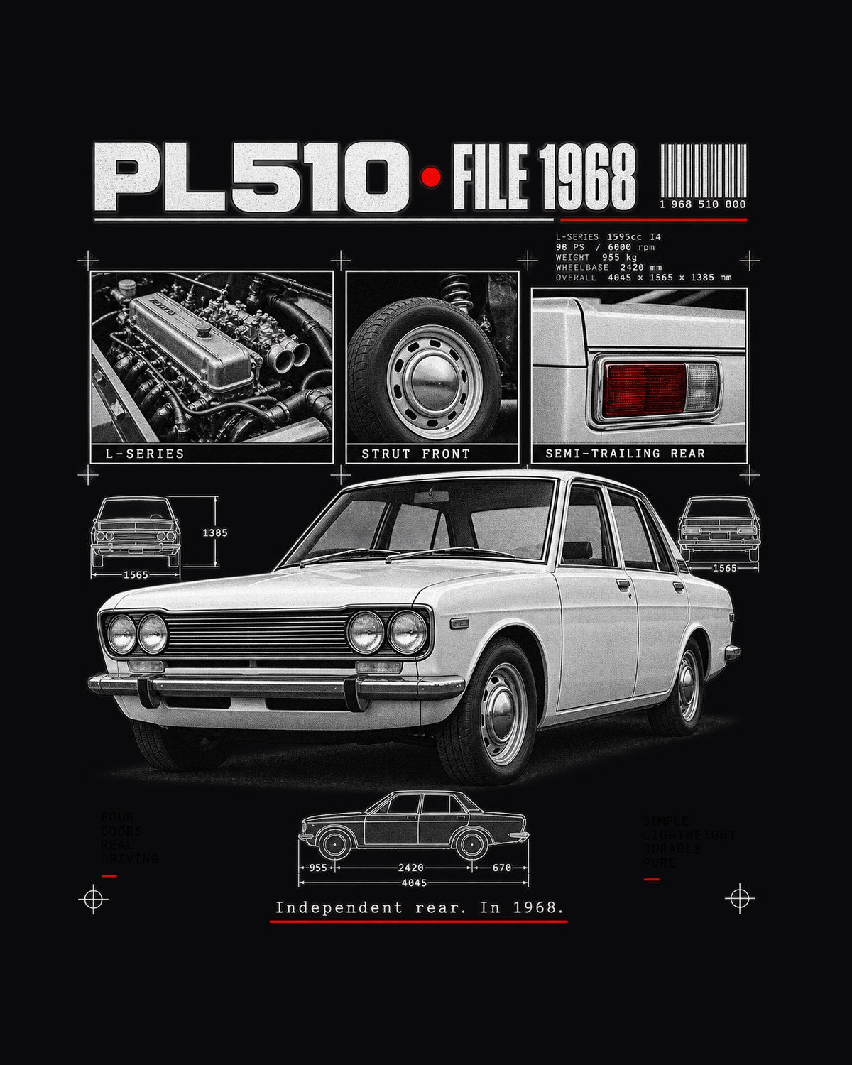 Datsun PL510 1968 Dossier Panel Shirt, Independent Rear Tee design only