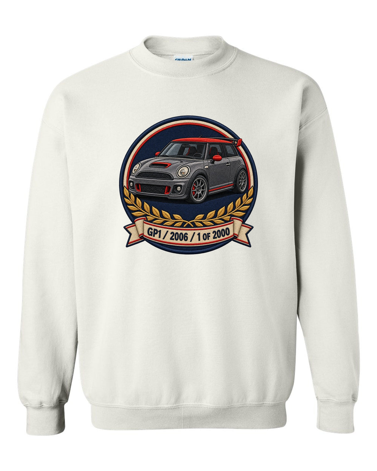 Varsity crest for the Mini Cooper GP1 2006, 1 of 2000 white crewneck front view with the design